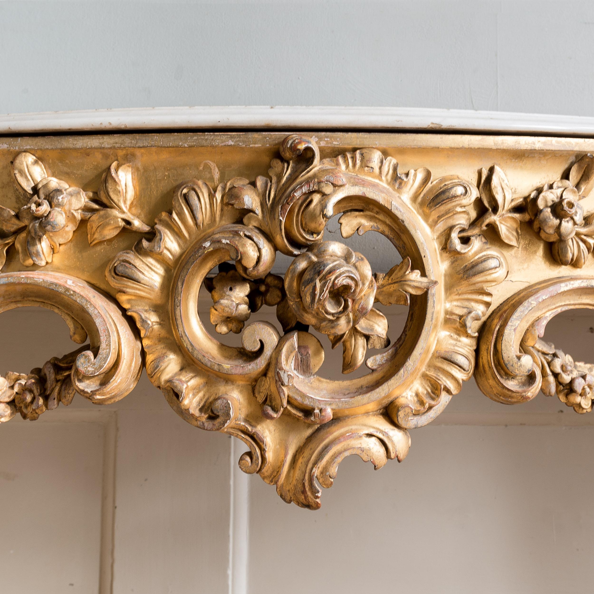 Carrara Marble Large 19th Century Rococo Giltwood Console Table For Sale