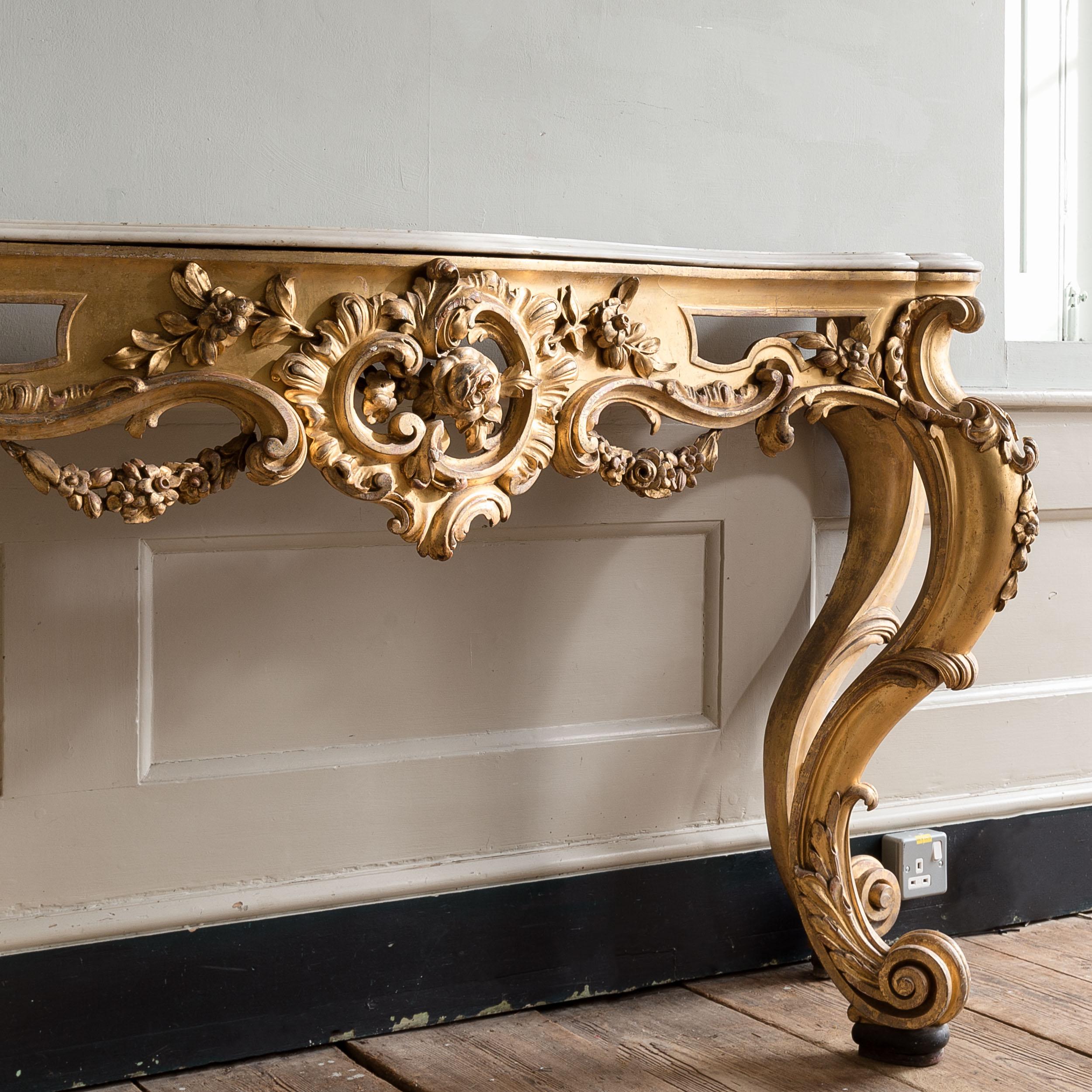 Large 19th Century Rococo Giltwood Console Table For Sale 1