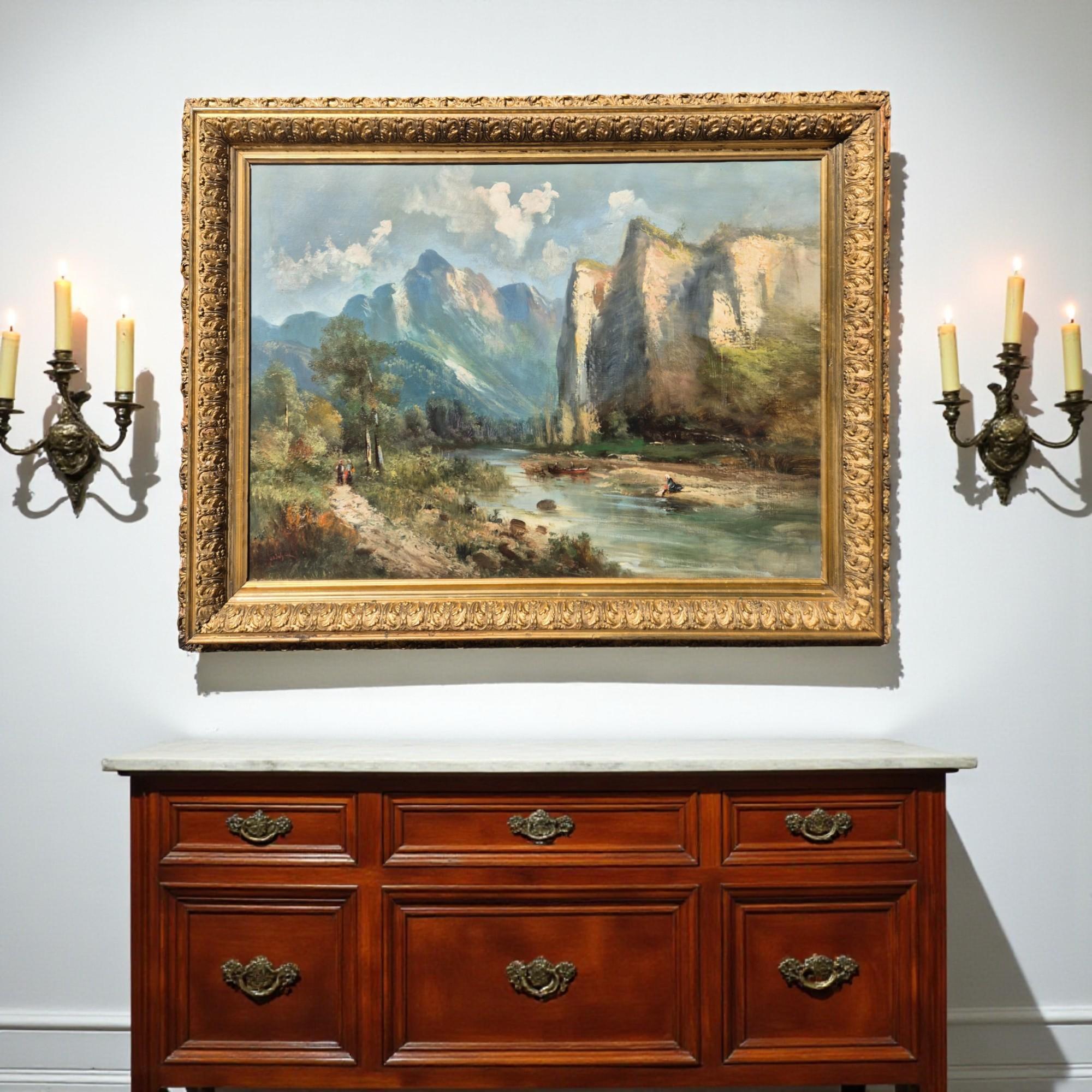 Dieses elegante und stimmungsvolle Ölgem�älde auf Leinwand, signiert von Godchau, verkörpert die Kunst der romantischen Landschaftsmalerei des 19. Jahrhunderts, in der sich majestätische Natur und poetische Stimmungen treffen.

Die Szene zeigt ein