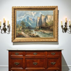 Grande peinture de paysage romantique du 19e siècle par Godchau