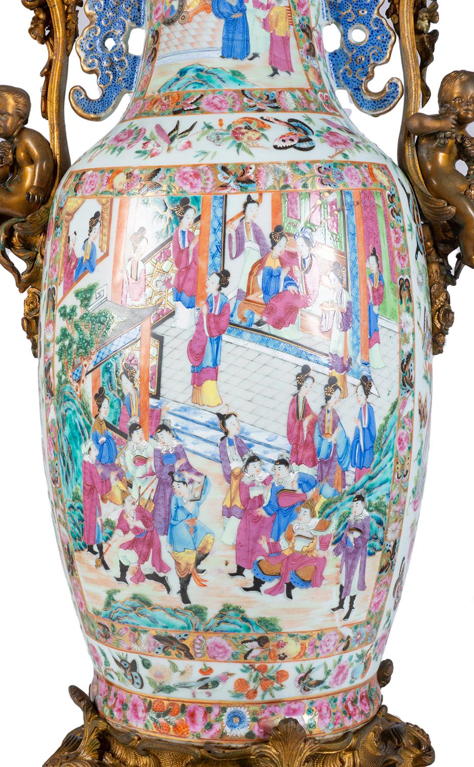 Large 19th Century Rose Medallion Vase or Lamp, Ormolu Mounted For Sale 2