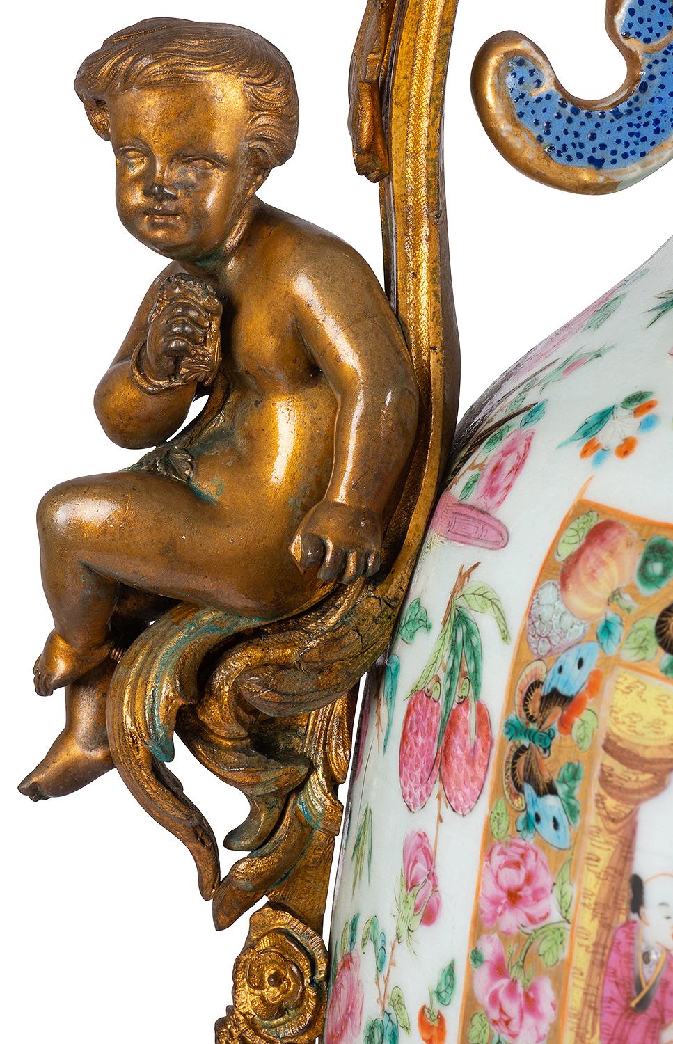 Chinese Large 19th Century Rose Medallion Vase or Lamp, Ormolu Mounted For Sale