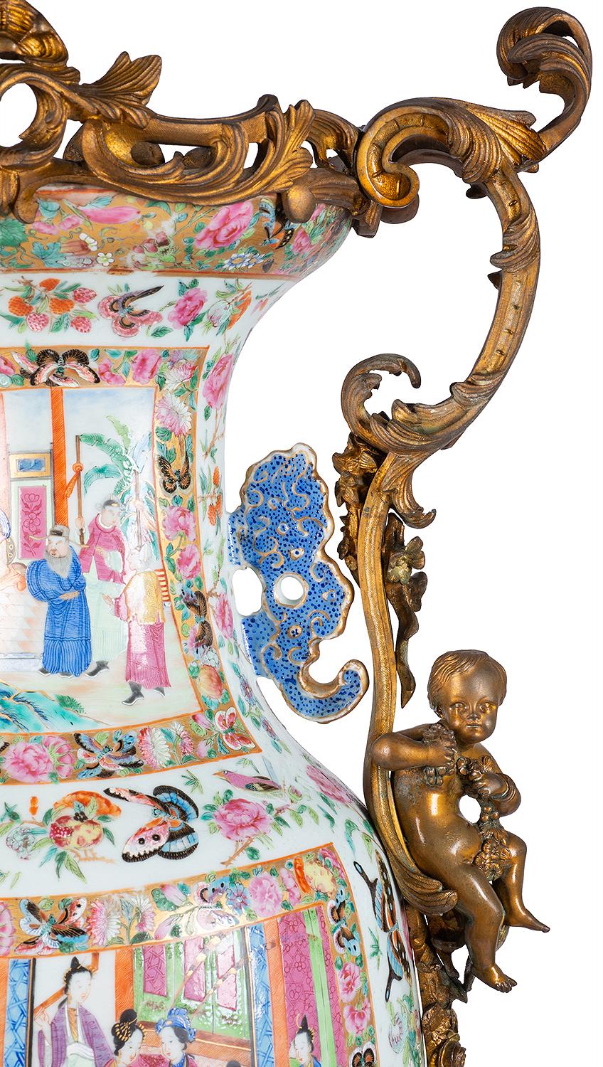 Large 19th Century Rose Medallion Vase or Lamp, Ormolu Mounted In Good Condition For Sale In Brighton, Sussex