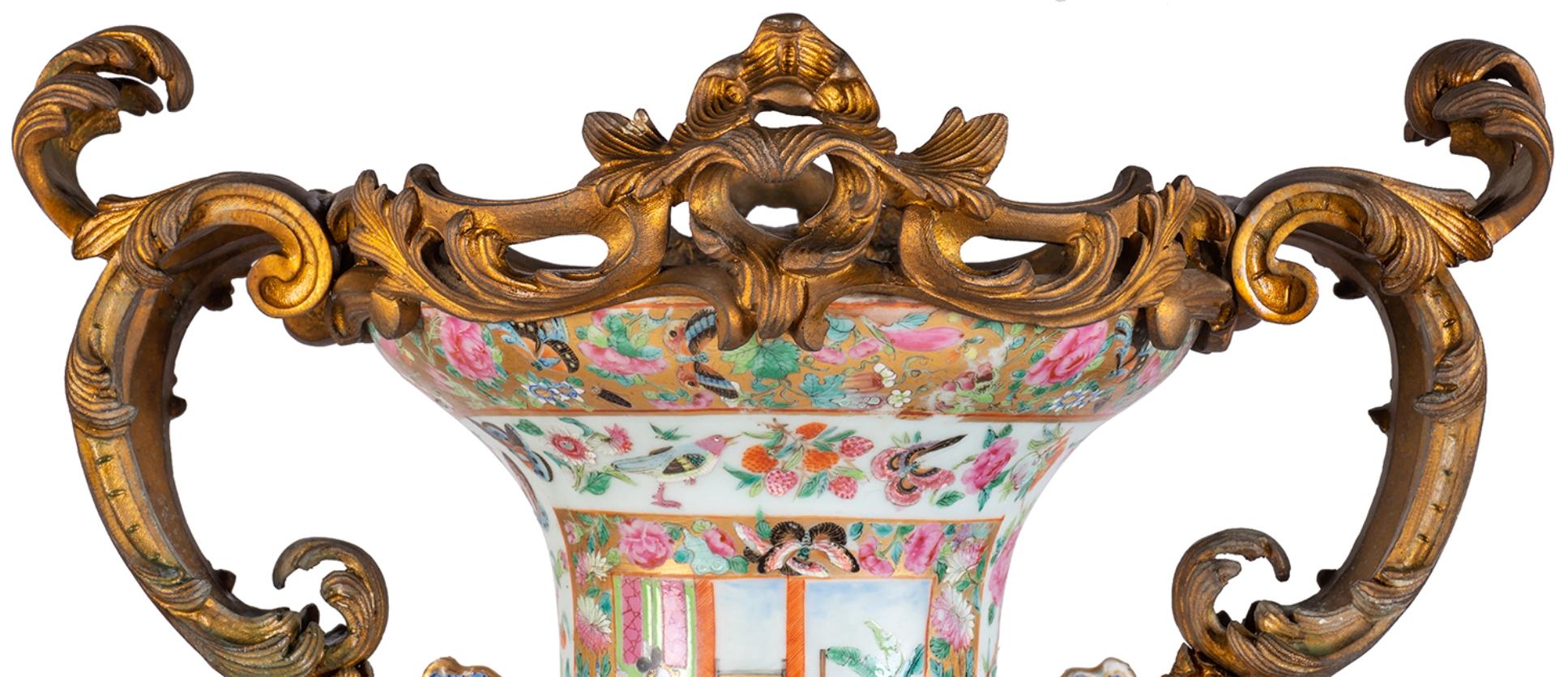 Porcelain Large 19th Century Rose Medallion Vase or Lamp, Ormolu Mounted For Sale