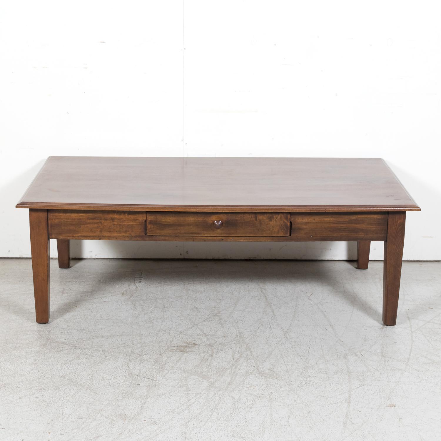 Late 19th Century Large 19th Century Rustic French Country Solid Walnut Coffee Table with Drawer For Sale