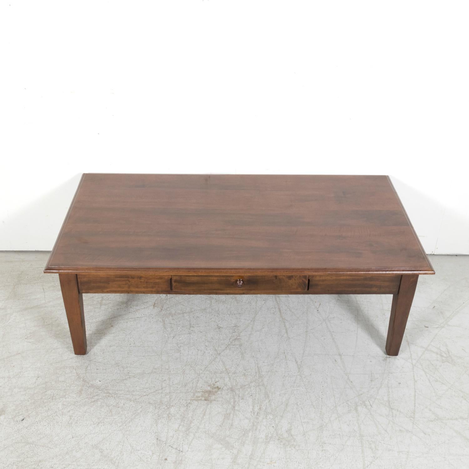 Large 19th Century Rustic French Country Solid Walnut Coffee Table with Drawer For Sale 1