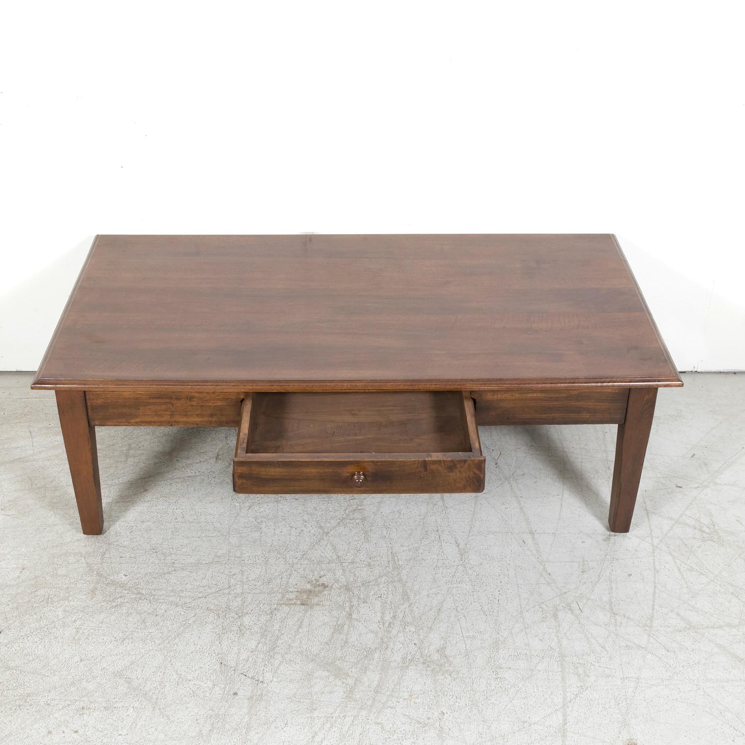 Large 19th Century Rustic French Country Solid Walnut Coffee Table with Drawer For Sale 3
