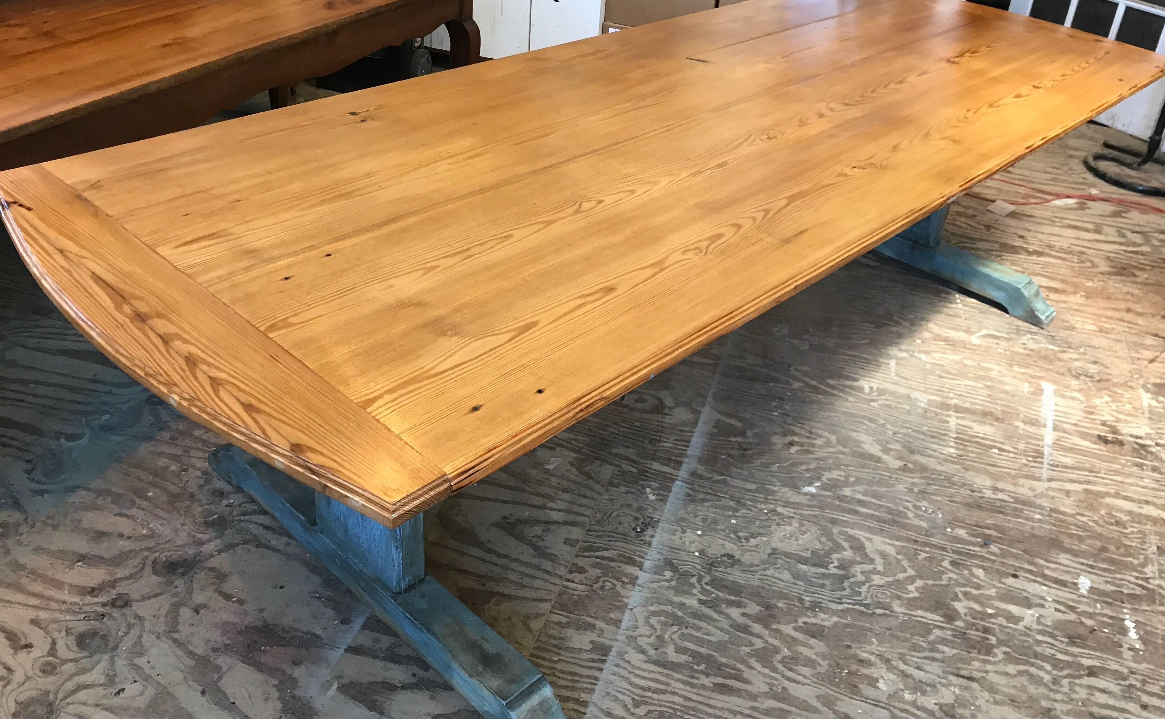 Rustic Large 19th Century Scandinavian Pine Dining Table with Blue Painted Trestle