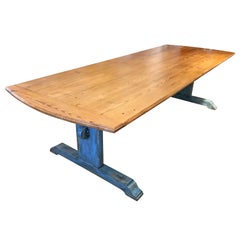 Large 19th Century Scandinavian Pine Dining Table with Blue Painted Trestle