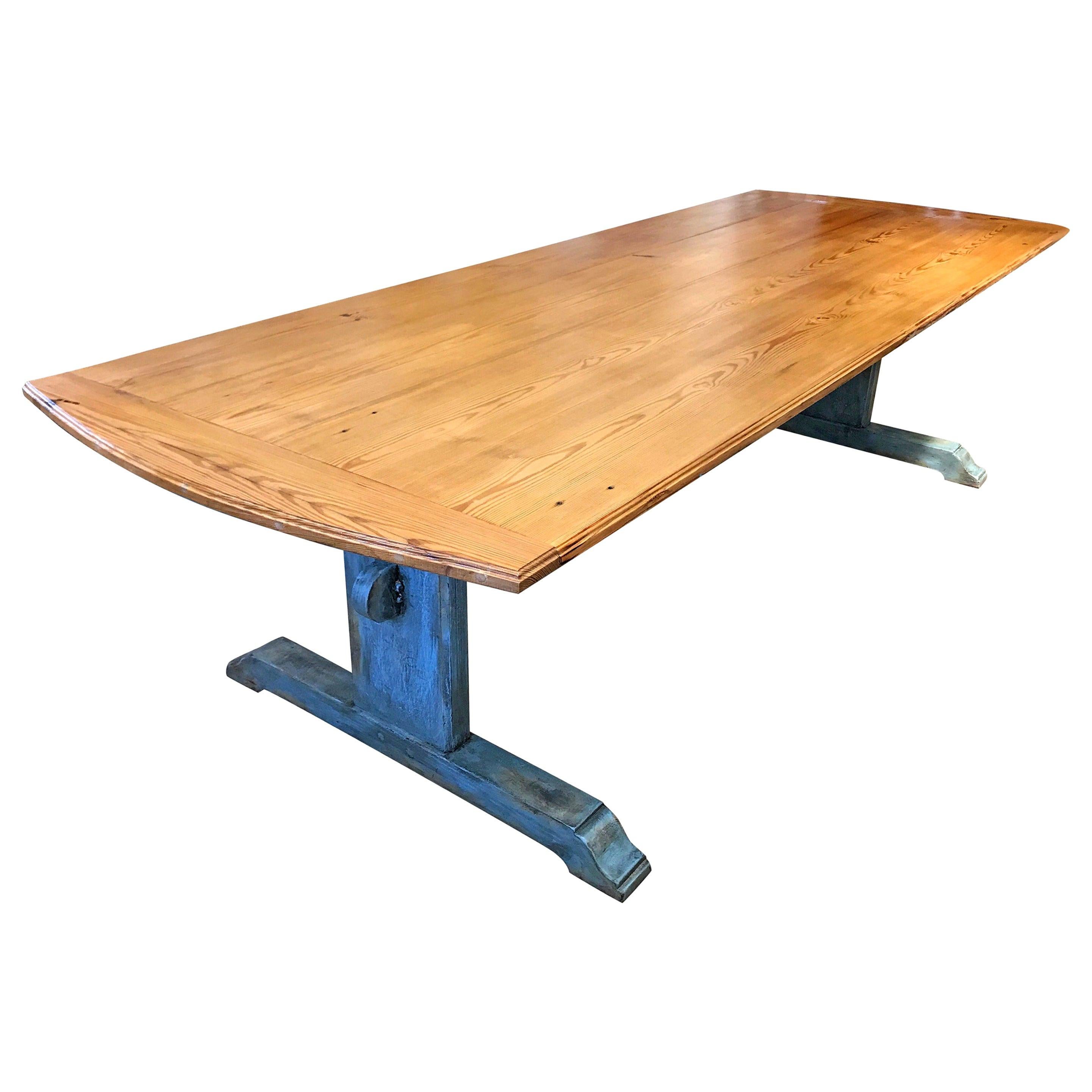 Large 19th Century Scandinavian Pine Dining Table with Blue Painted Trestle