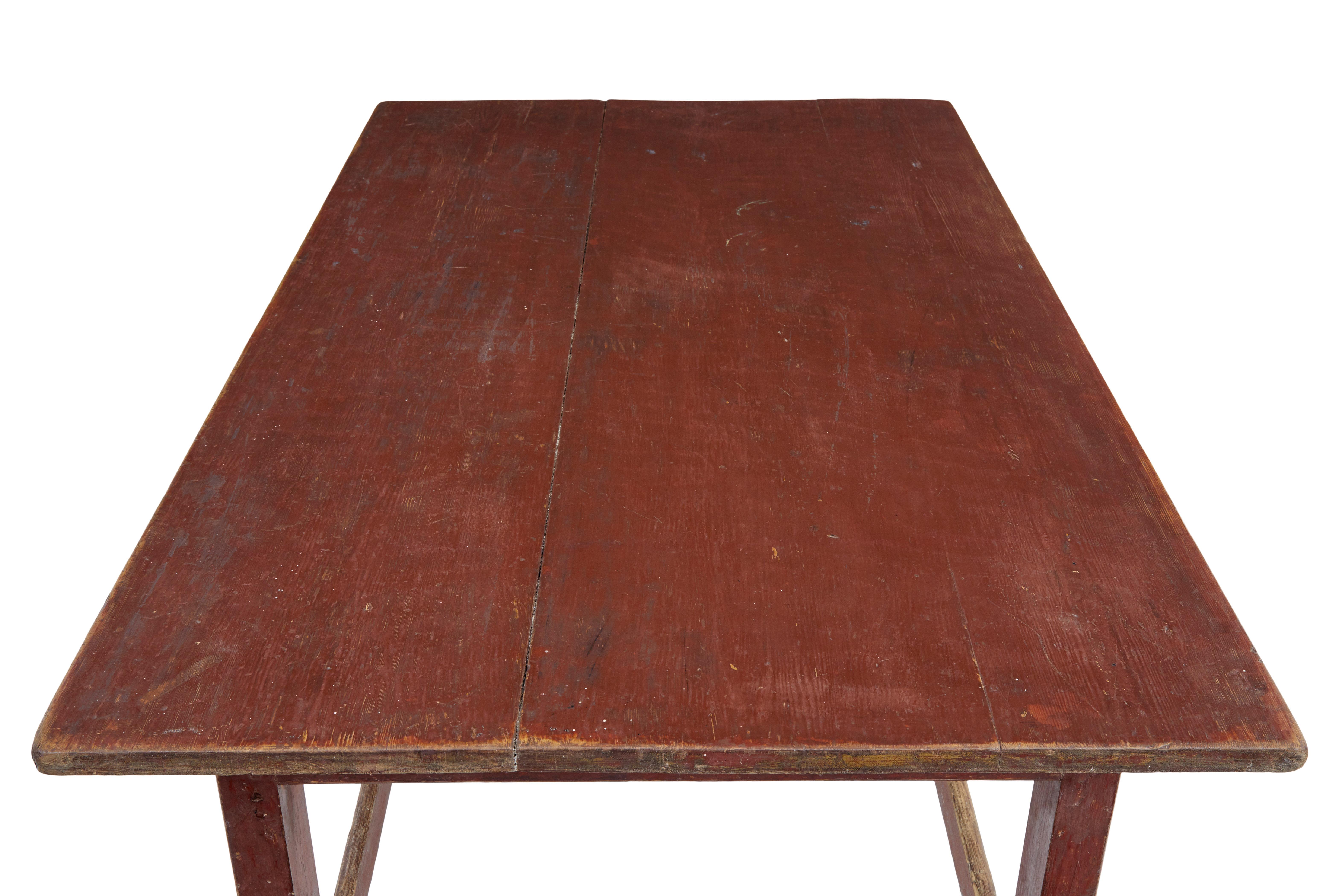Large 19th century Scandinavian pine painted table circa 1870.

Hand painted work table with a 3 plank top.  Straight leg base with stretchers top and bottom all the way round.

Ideal for use as desk or as a shop display.

Surface marks and losses