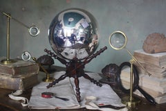 Large 19th Century Scientific Witches Ball on Geometric Fruit wood Treen Stand