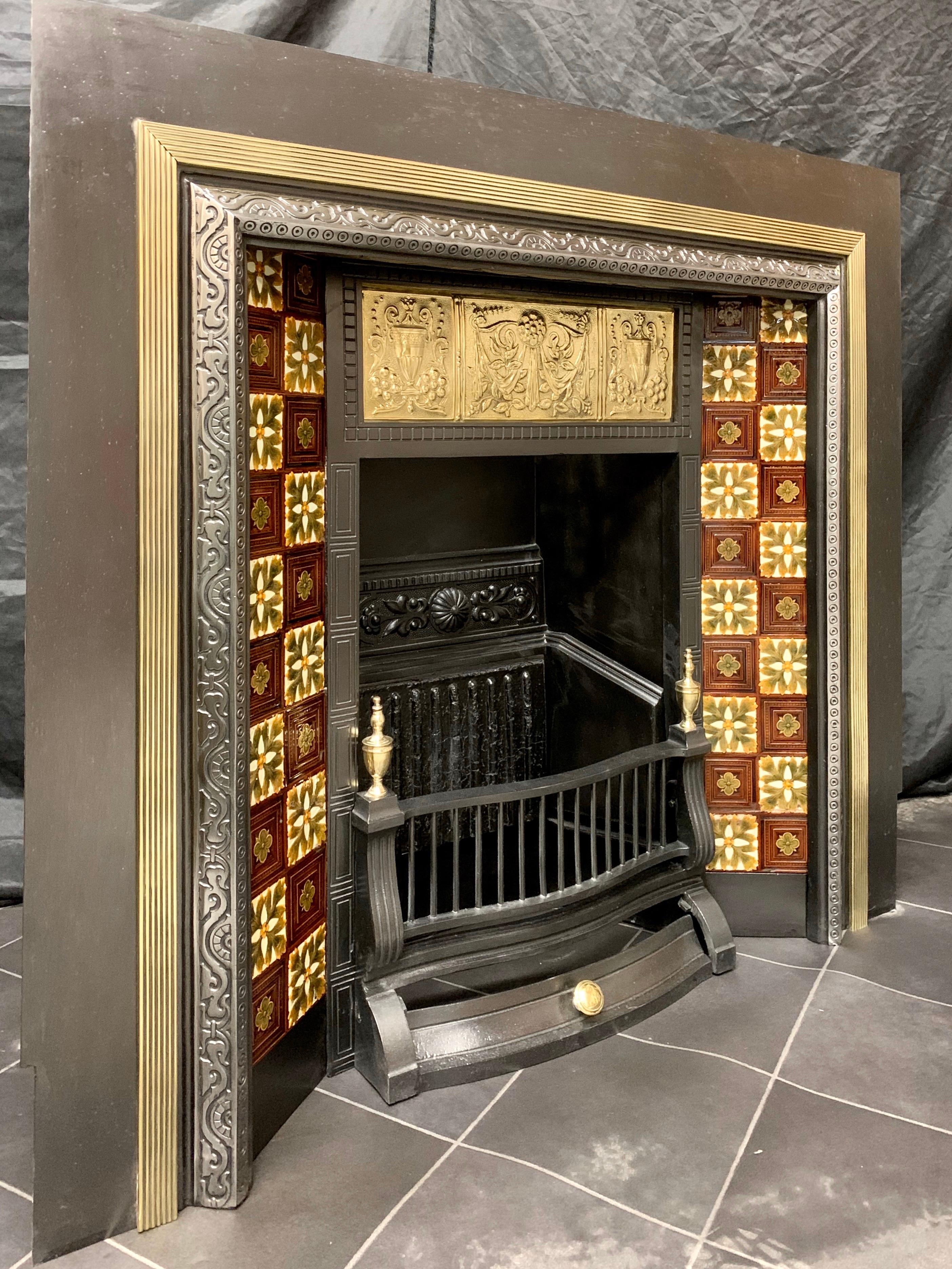 Victorian Large 19th Century Scottish Cast Iron and Brass Fireplace Insert