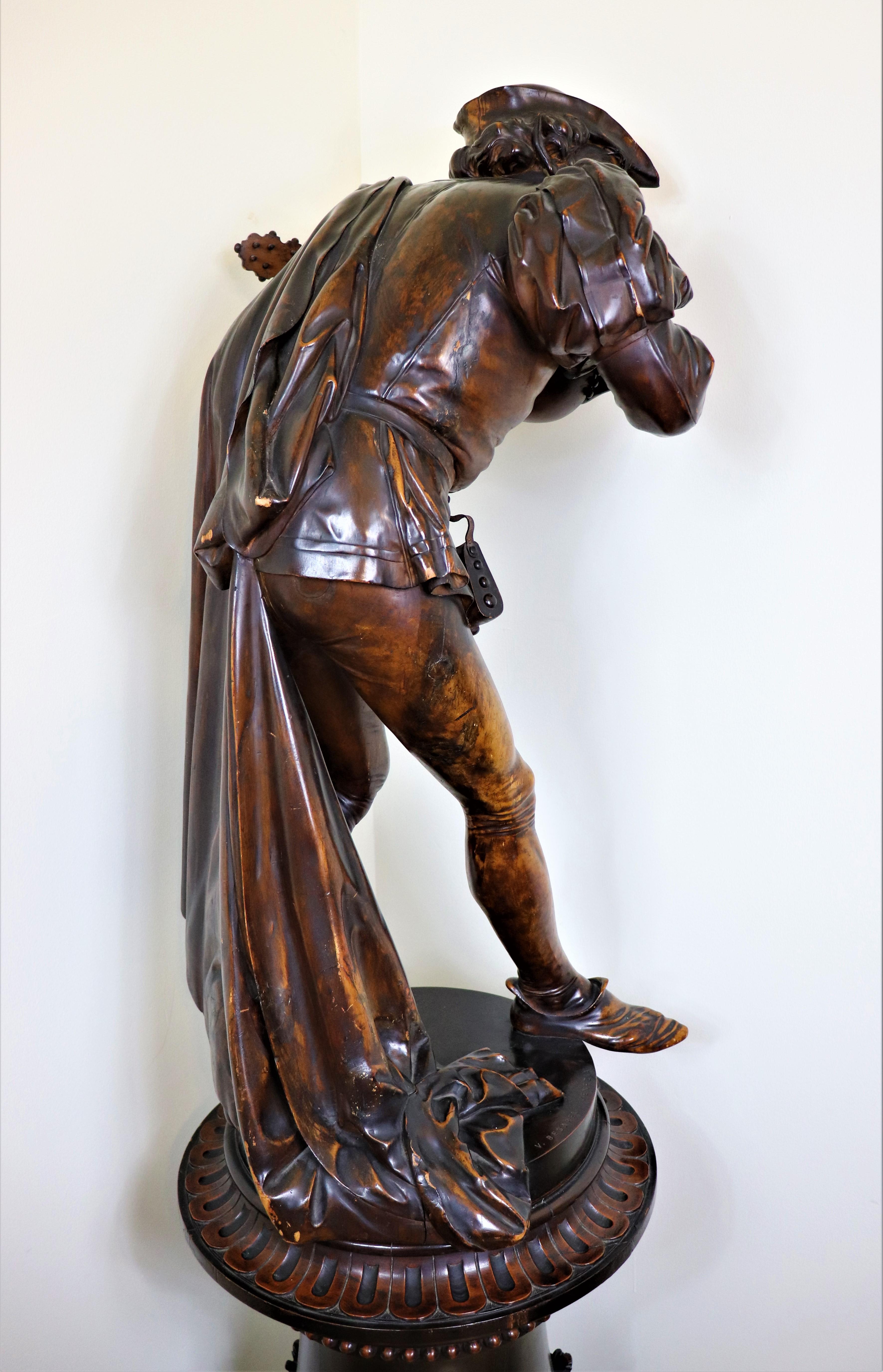 Carved Large 19th Century Sculpture of Mandolin Player by Valentino Panciera Besarel
