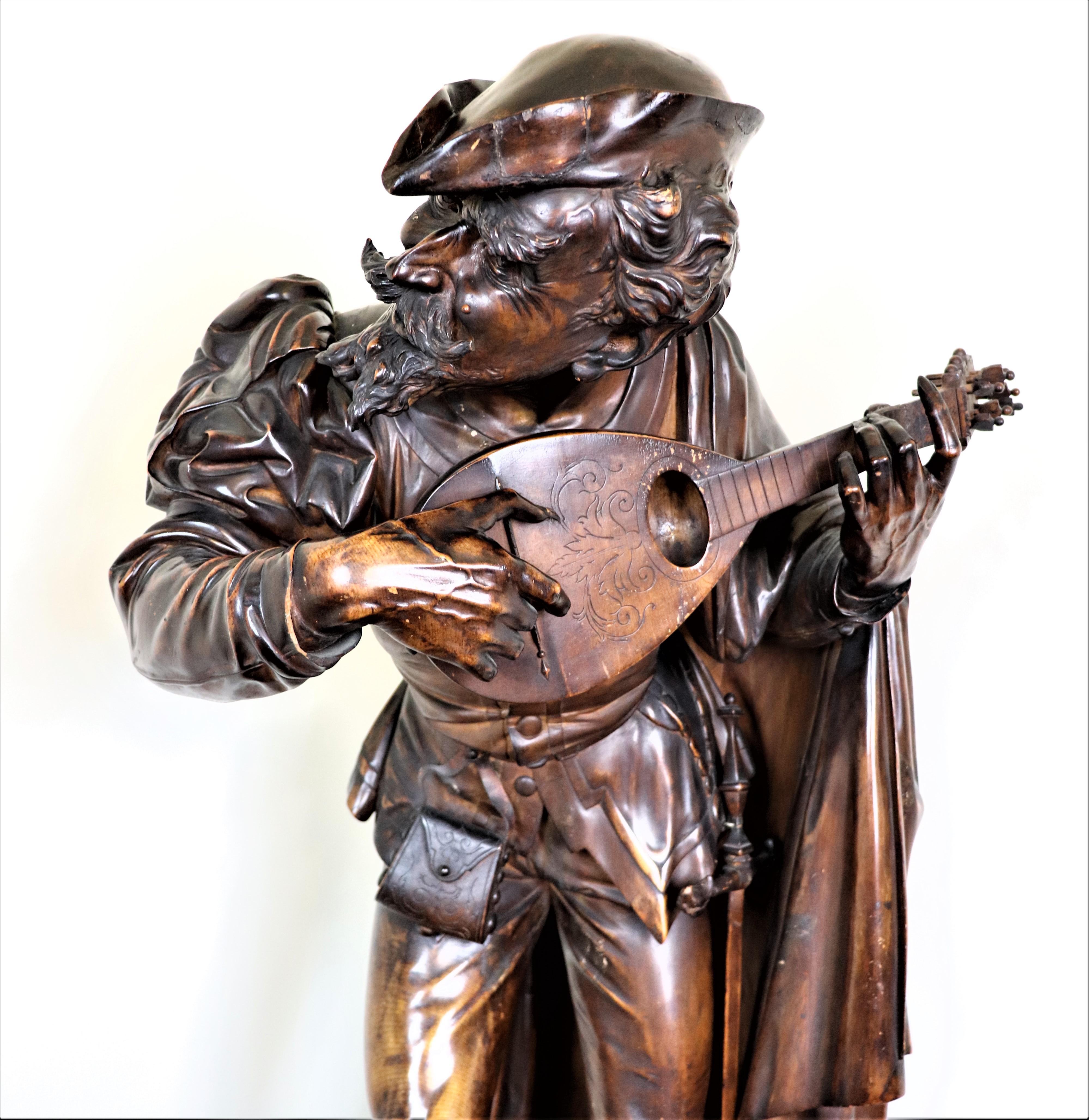 Wood Large 19th Century Sculpture of Mandolin Player by Valentino Panciera Besarel