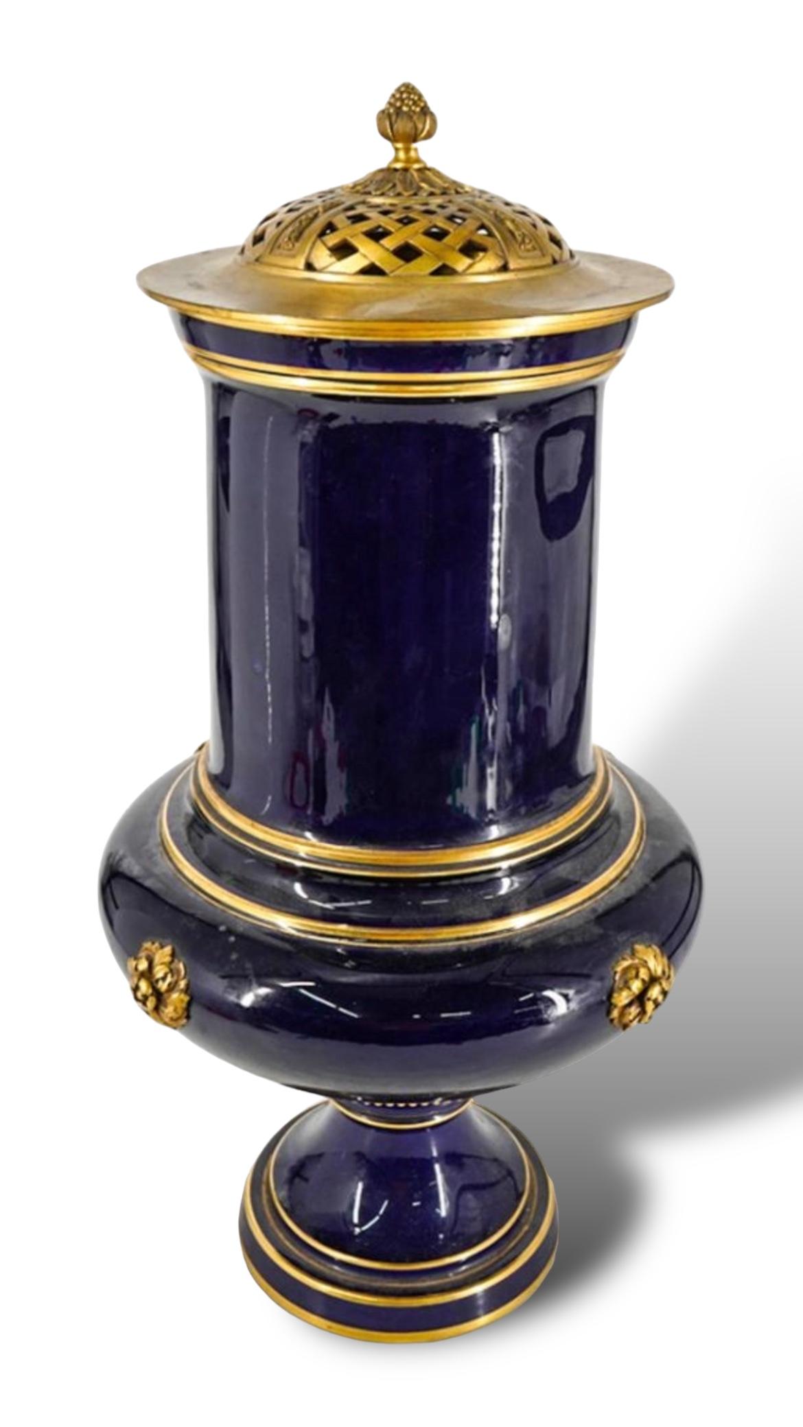 French Large 19th Century Sevres Cobalt Blue Glazed Centerpiece Vase