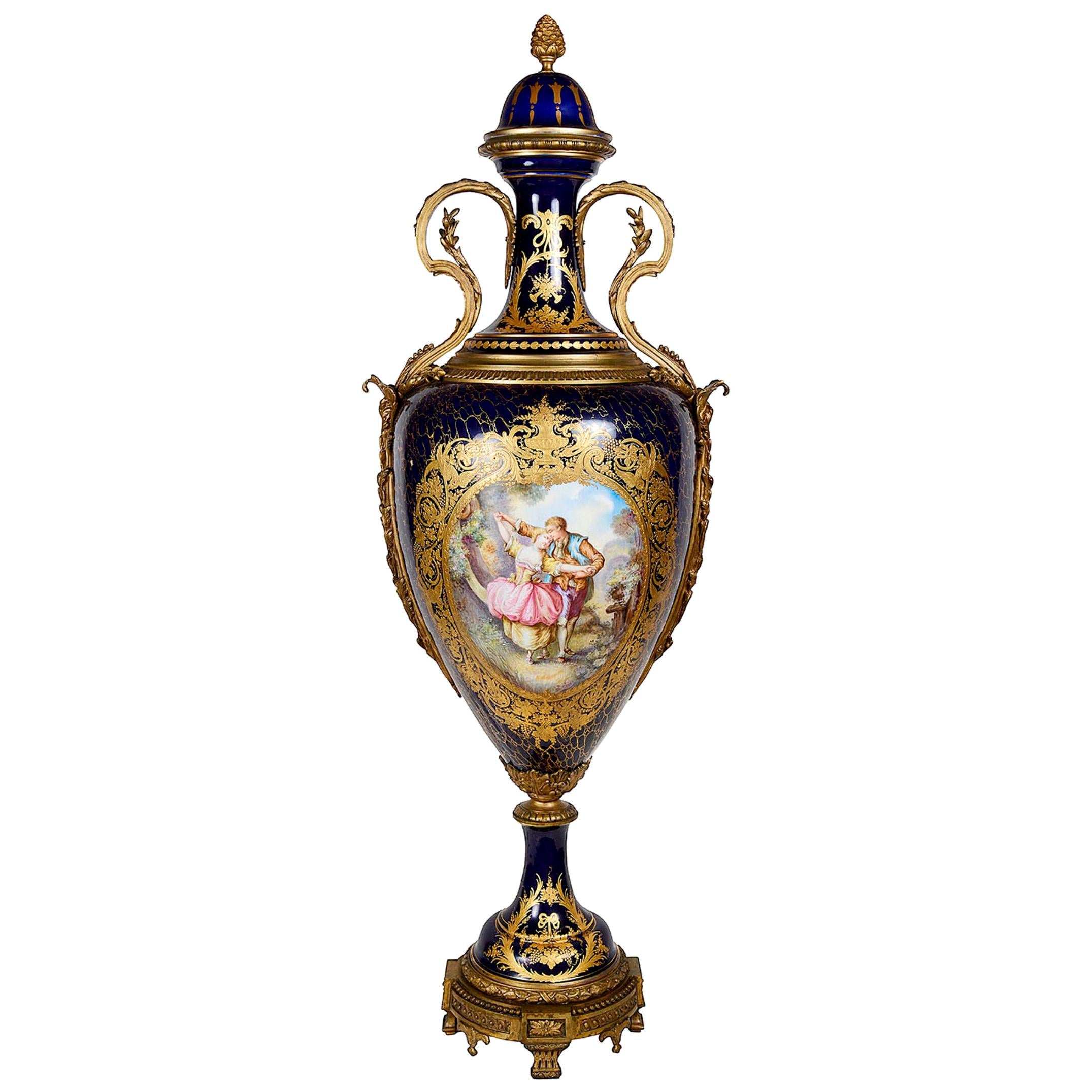Large 19th Century Sèvres Style Porcelain Lidded Vase For Sale
