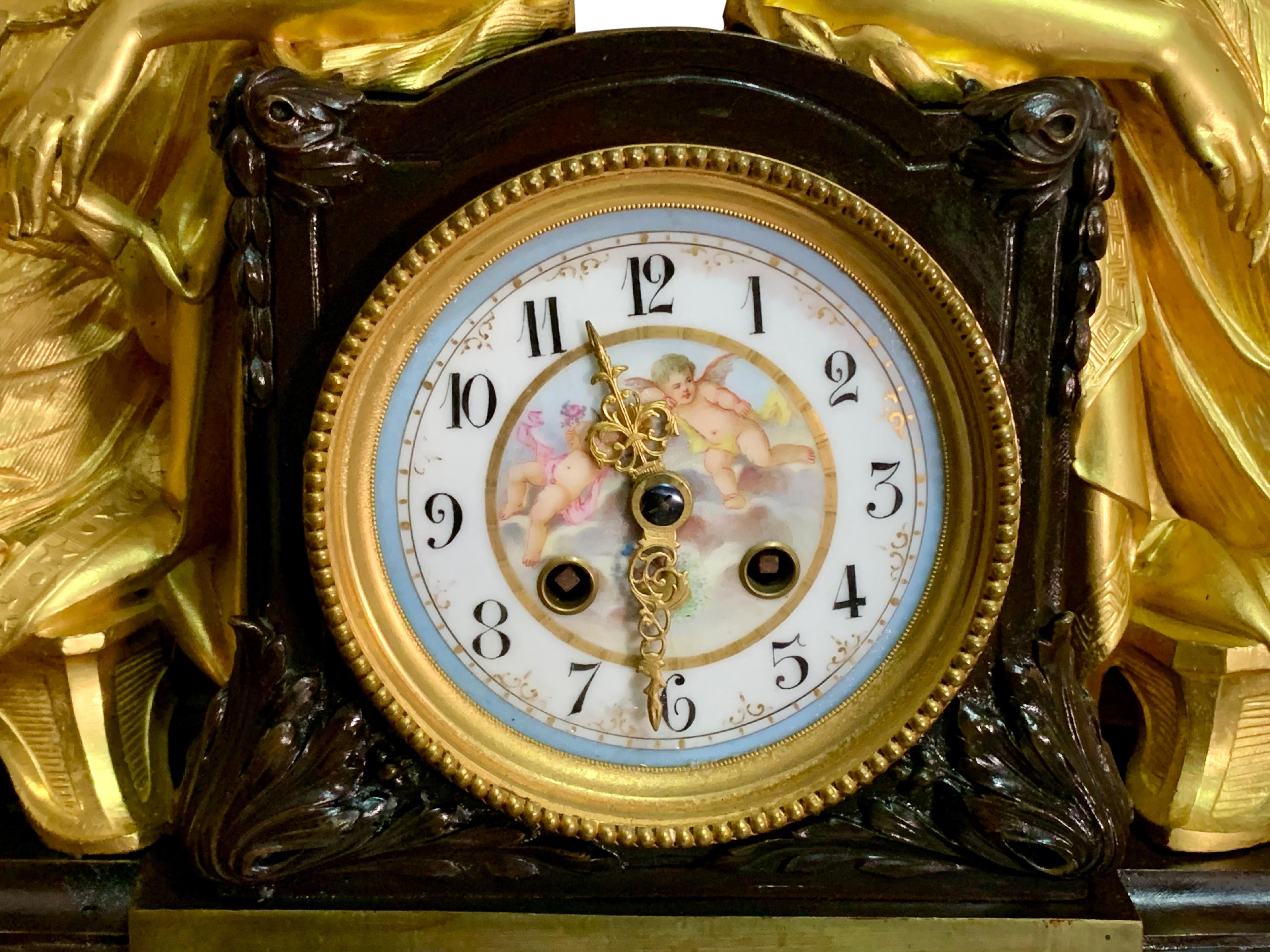 Large 19th Century Sevres Style Porcelain Mounted Ormolu Figural Clock In Good Condition For Sale In Los Angeles, CA