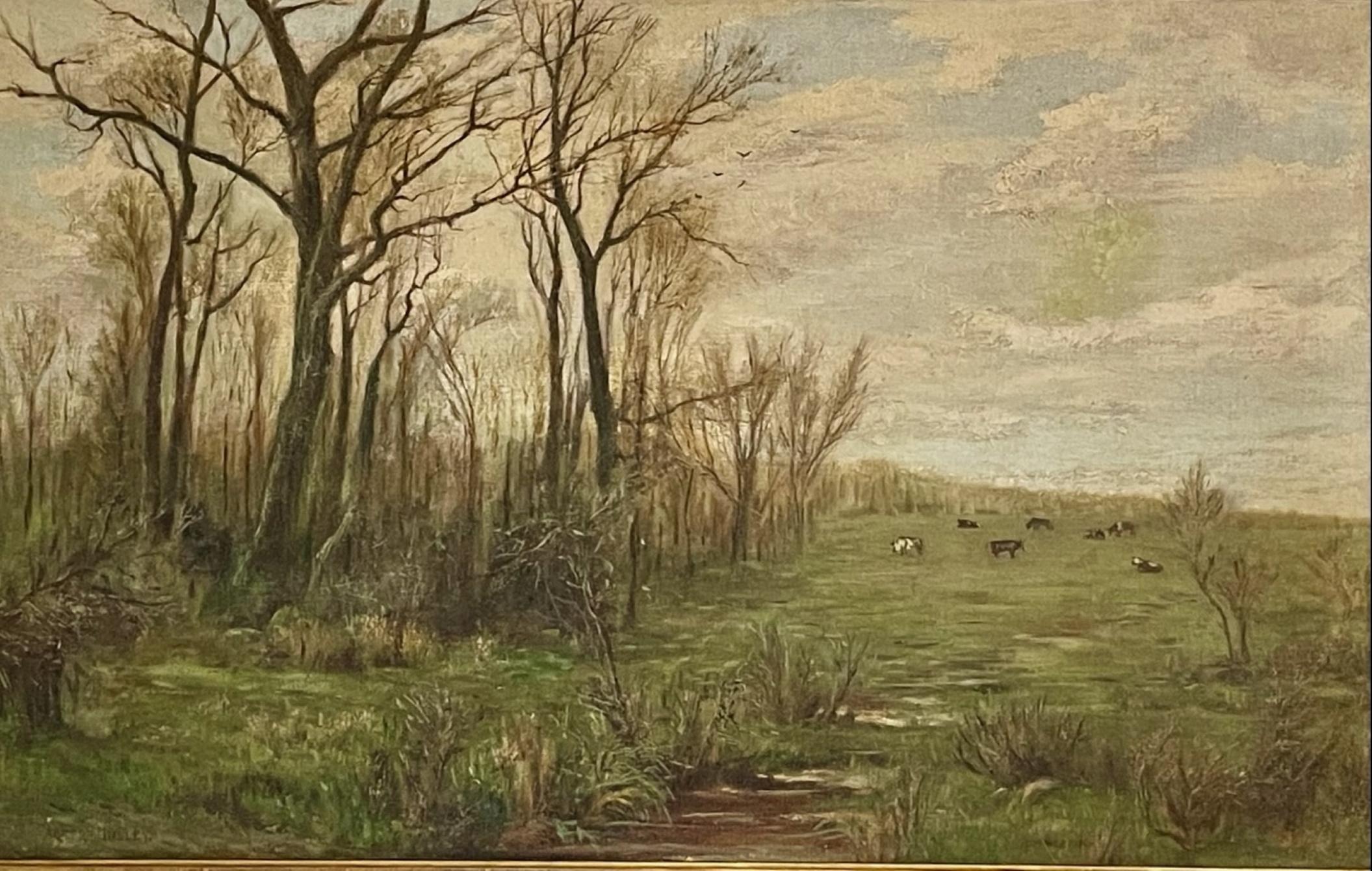 Large 19th Century Signed American landscape painting, original period frame.

This oil on canvas, signed by Albert Insley. Pictures a moody Autumn landscape. Albert Insley (1842-1937) was a New Jersey born artist who, most notably, choose the