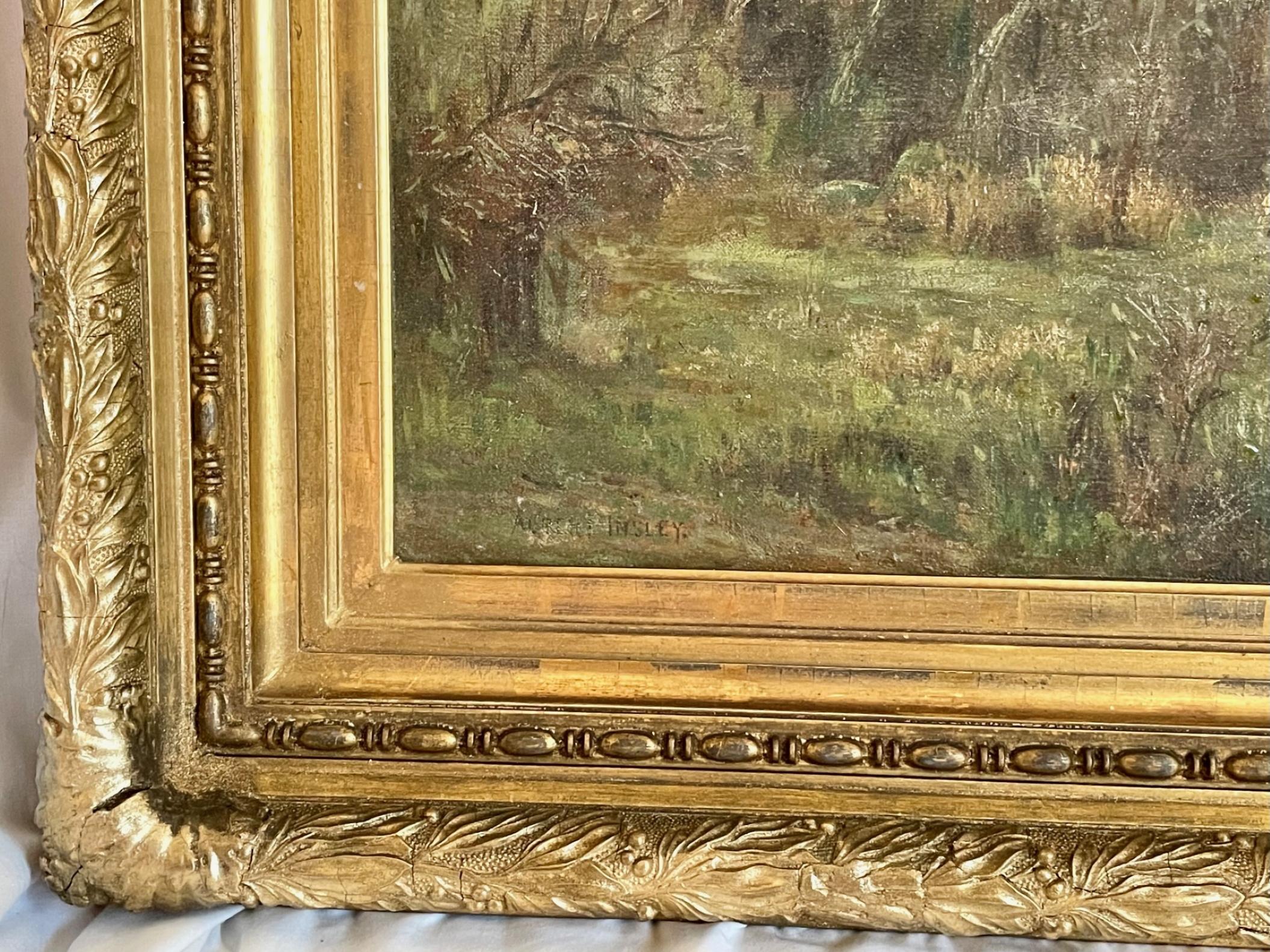 Canvas Large 19th Century Signed American Landscape Painting, Original Period Frame