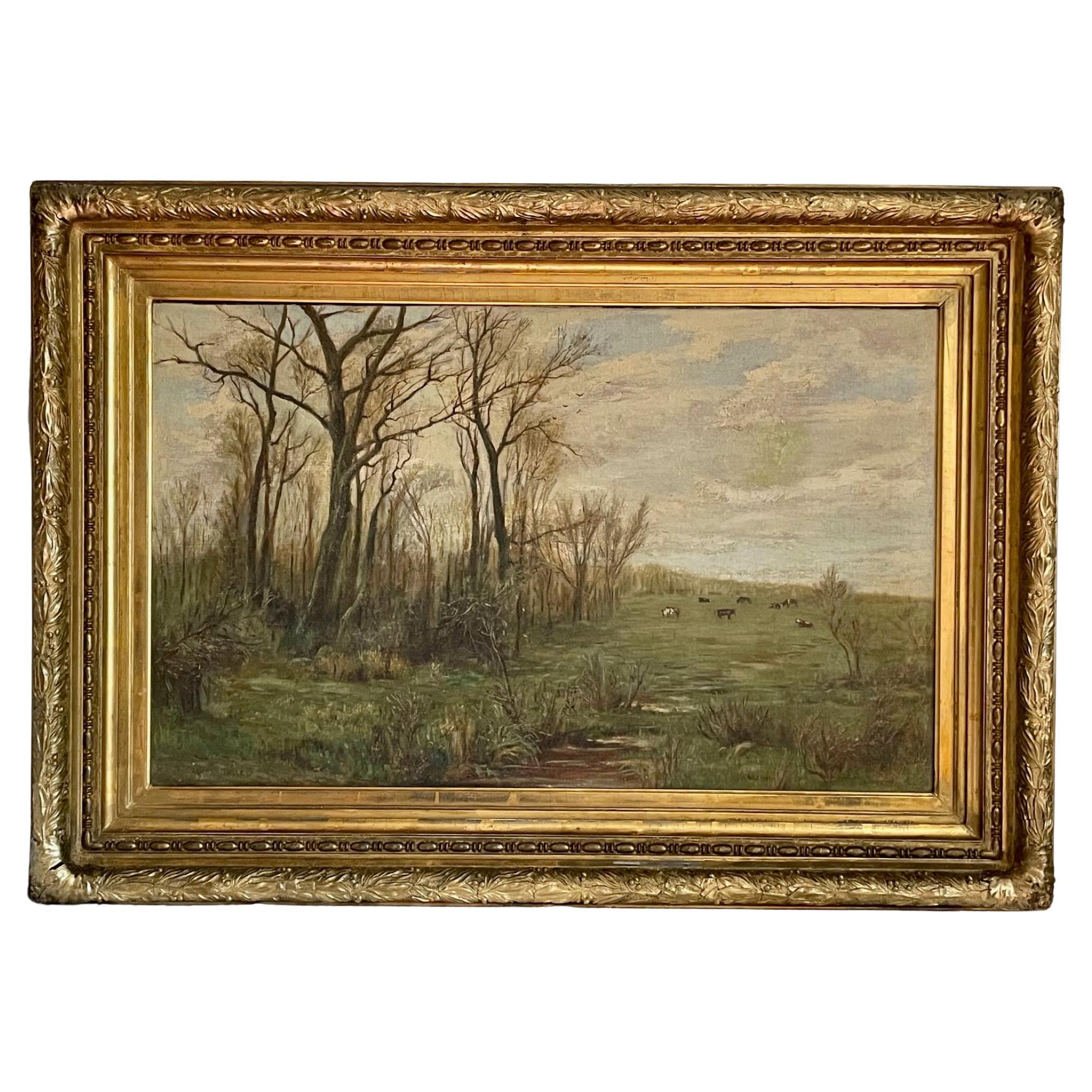 Large 19th Century Signed American Landscape Painting, Original Period Frame