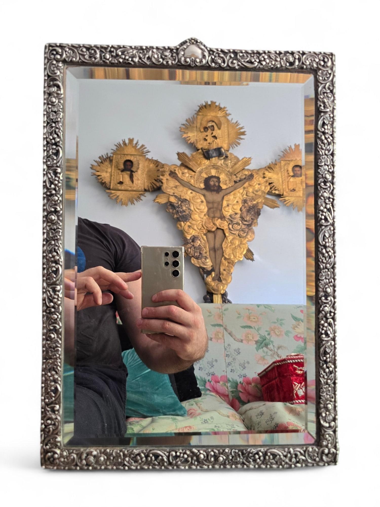 Large 19th Century Silver Mirror with Ornate Frame - French Craftsmanship For Sale 5