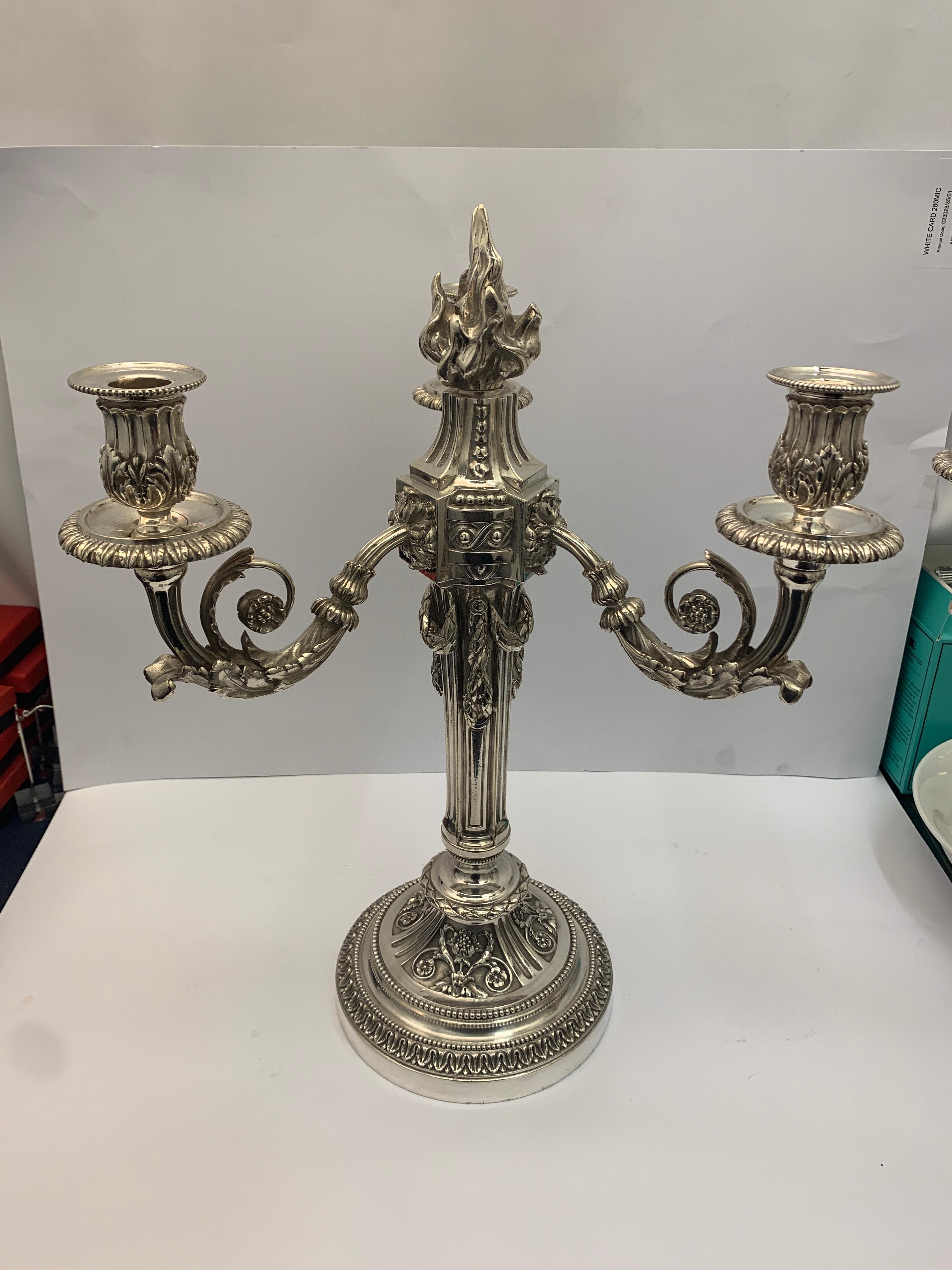 A pair of very heavy silver plated bronze candelabra, decorated with flowers, leaves and vines.