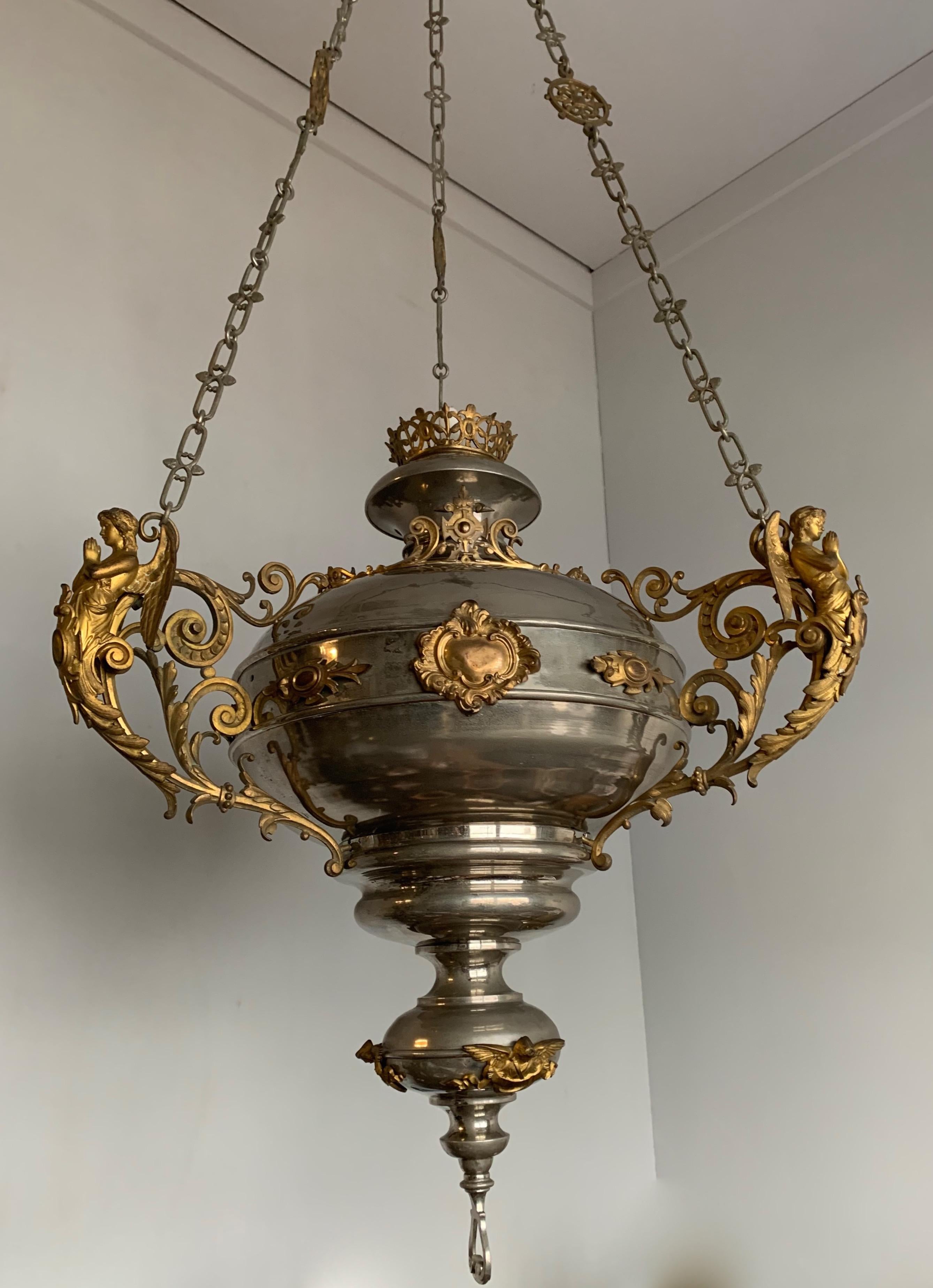 Large Silvered & Gilt Bronze Gothic Revival Sanctuary Lamp with Angels in Prayer For Sale 2