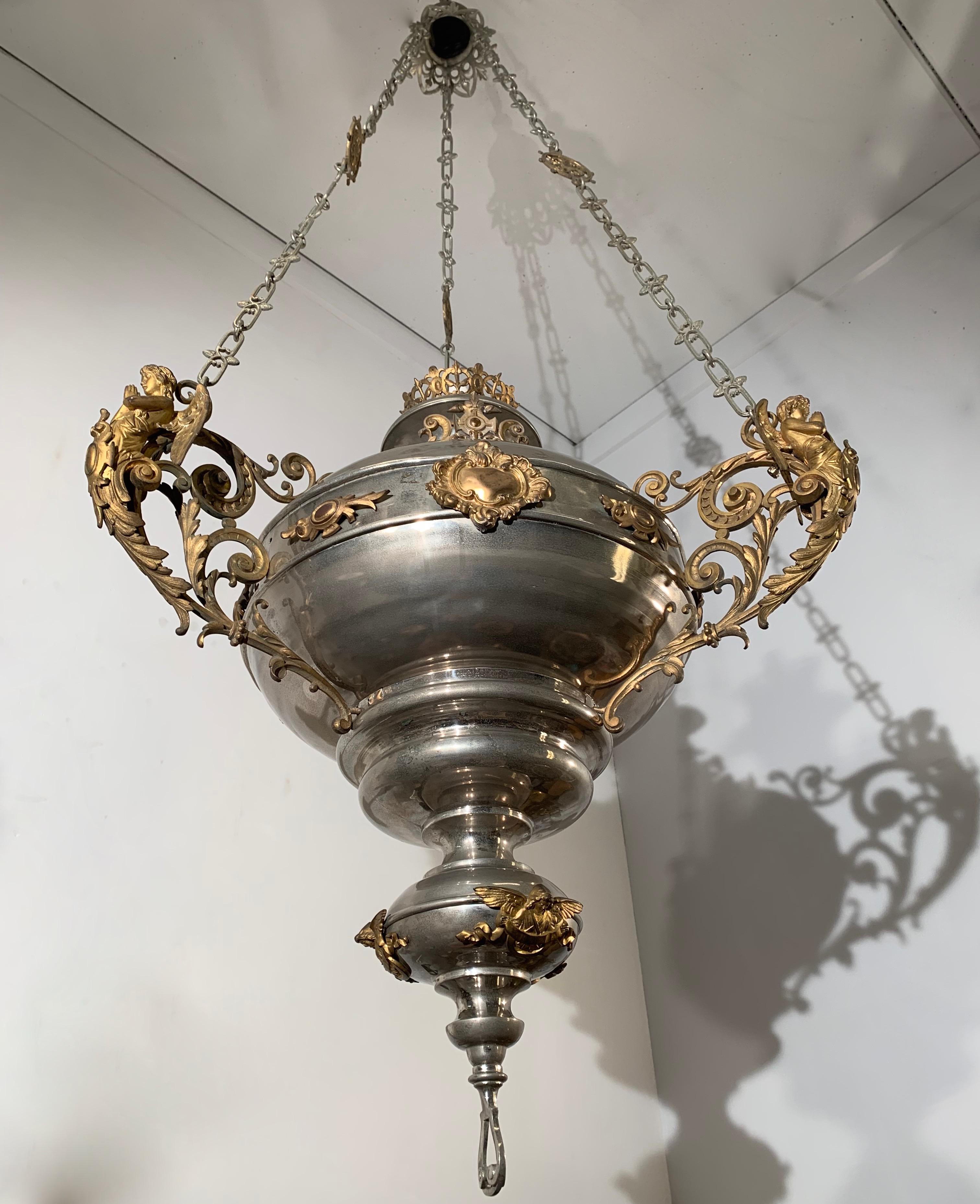 Large Silvered & Gilt Bronze Gothic Revival Sanctuary Lamp with Angels in Prayer For Sale 4