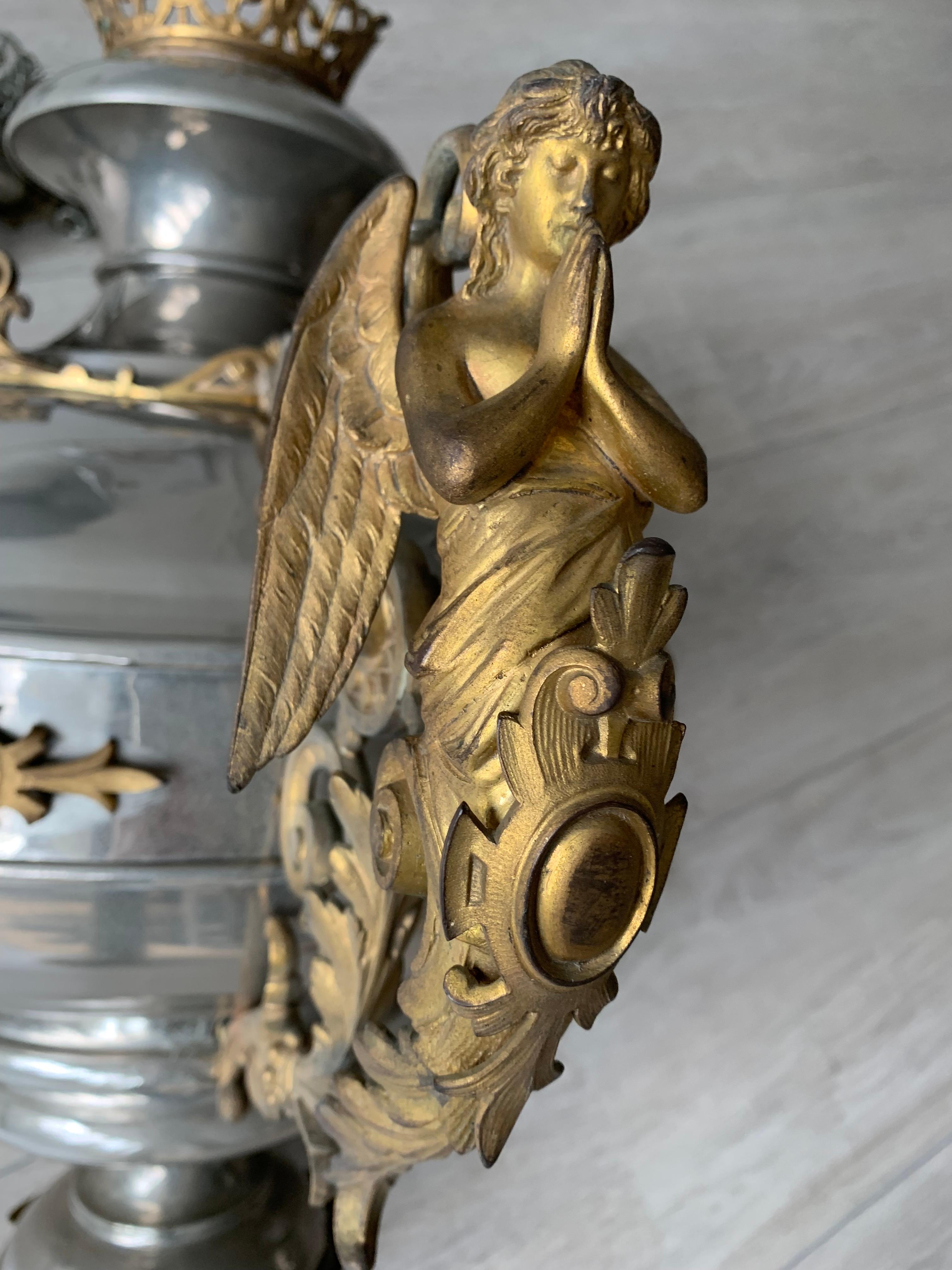 Large Silvered & Gilt Bronze Gothic Revival Sanctuary Lamp with Angels in Prayer For Sale 6