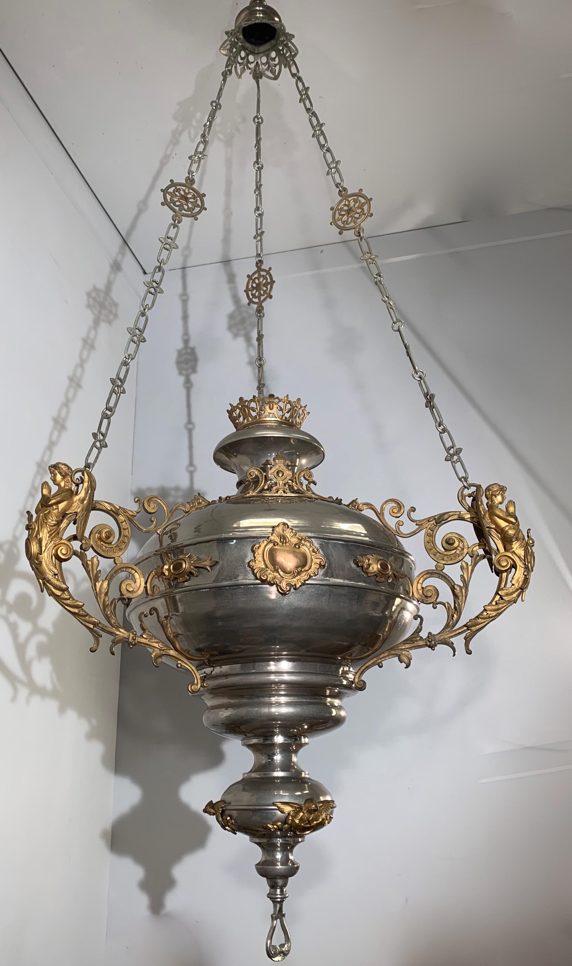 Large Silvered & Gilt Bronze Gothic Revival Sanctuary Lamp with Angels in Prayer For Sale 7