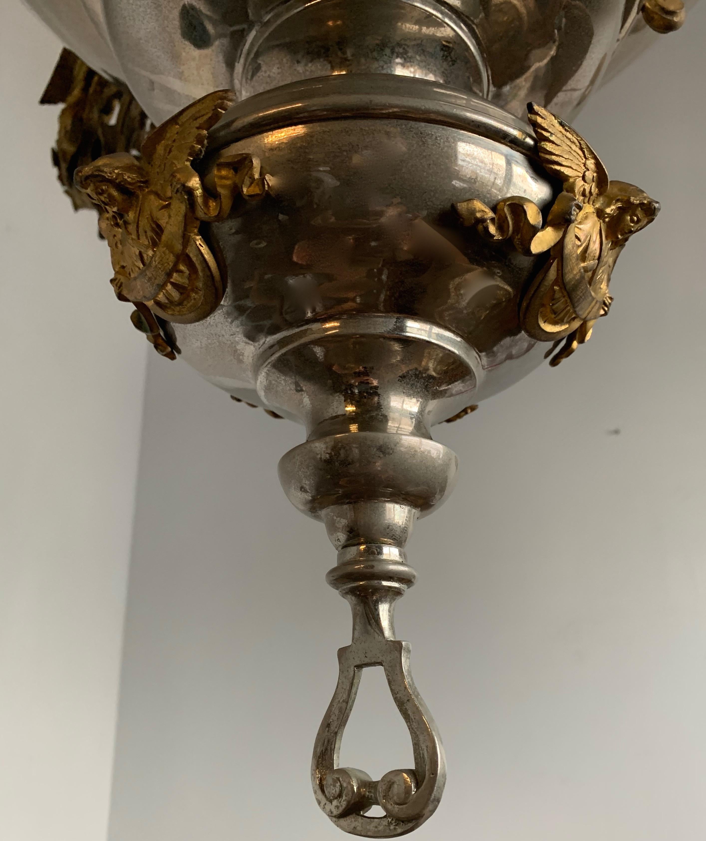 Large Silvered & Gilt Bronze Gothic Revival Sanctuary Lamp with Angels in Prayer For Sale 8