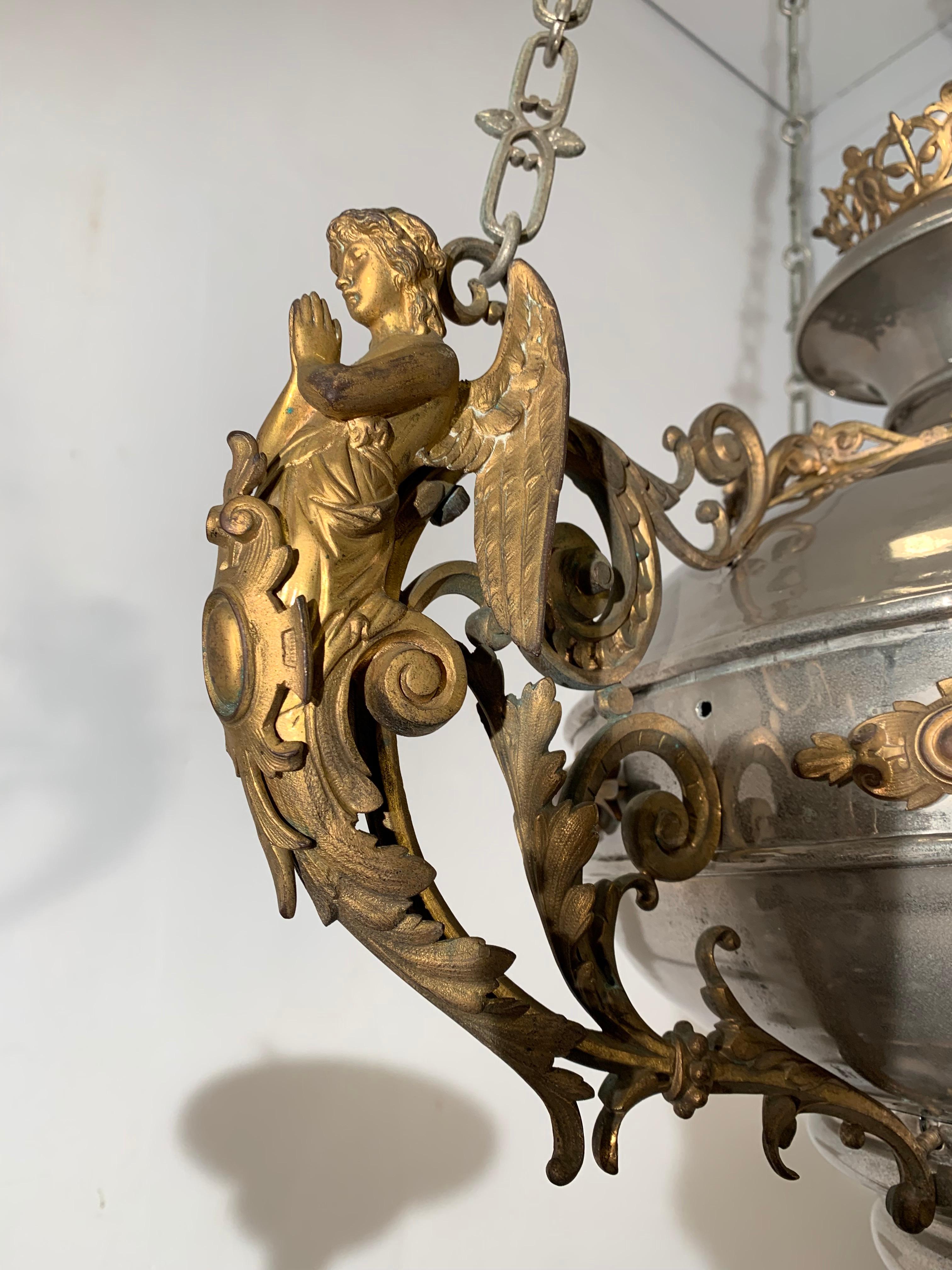 Large Silvered & Gilt Bronze Gothic Revival Sanctuary Lamp with Angels in Prayer For Sale 10