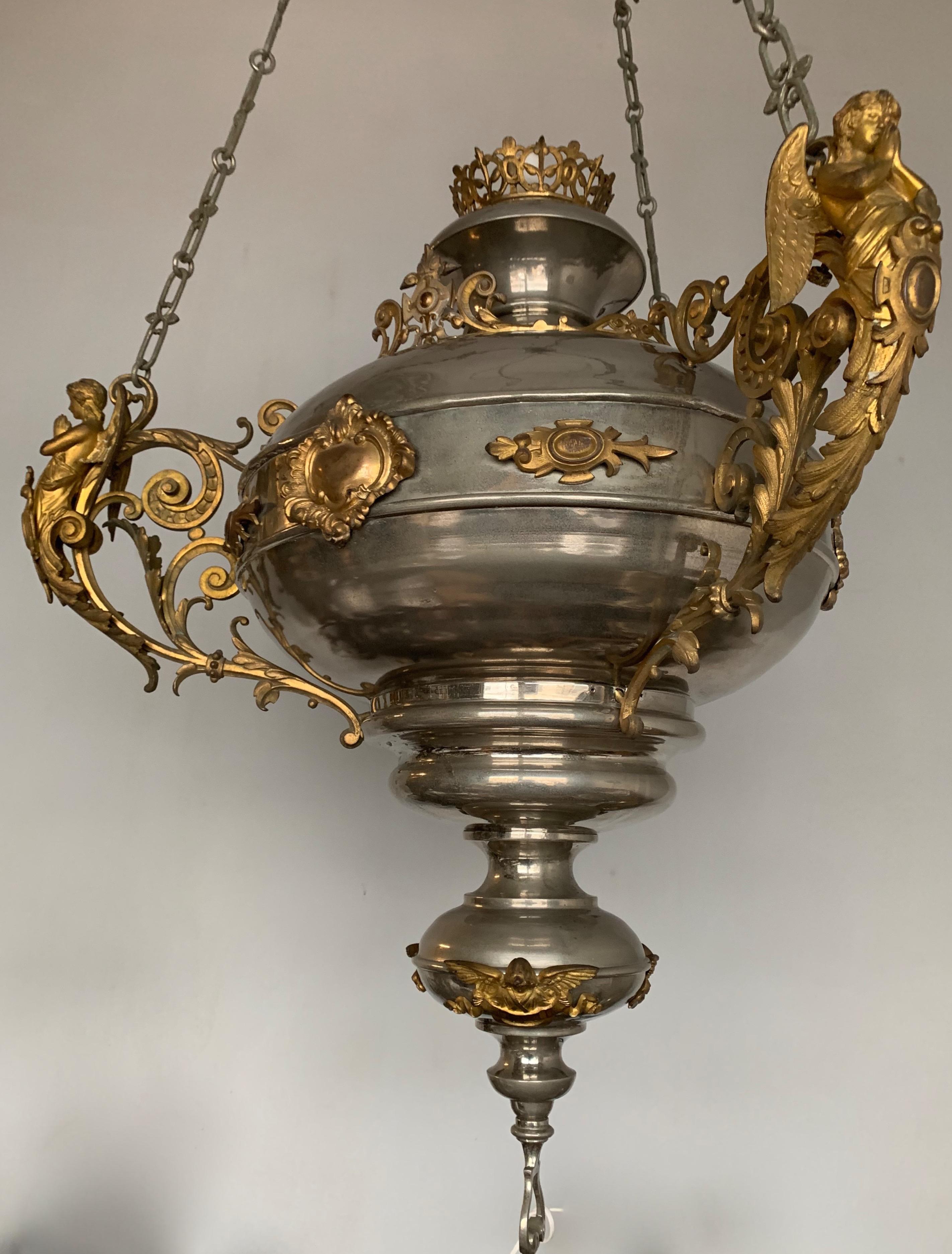 Large Silvered & Gilt Bronze Gothic Revival Sanctuary Lamp with Angels in Prayer For Sale 11