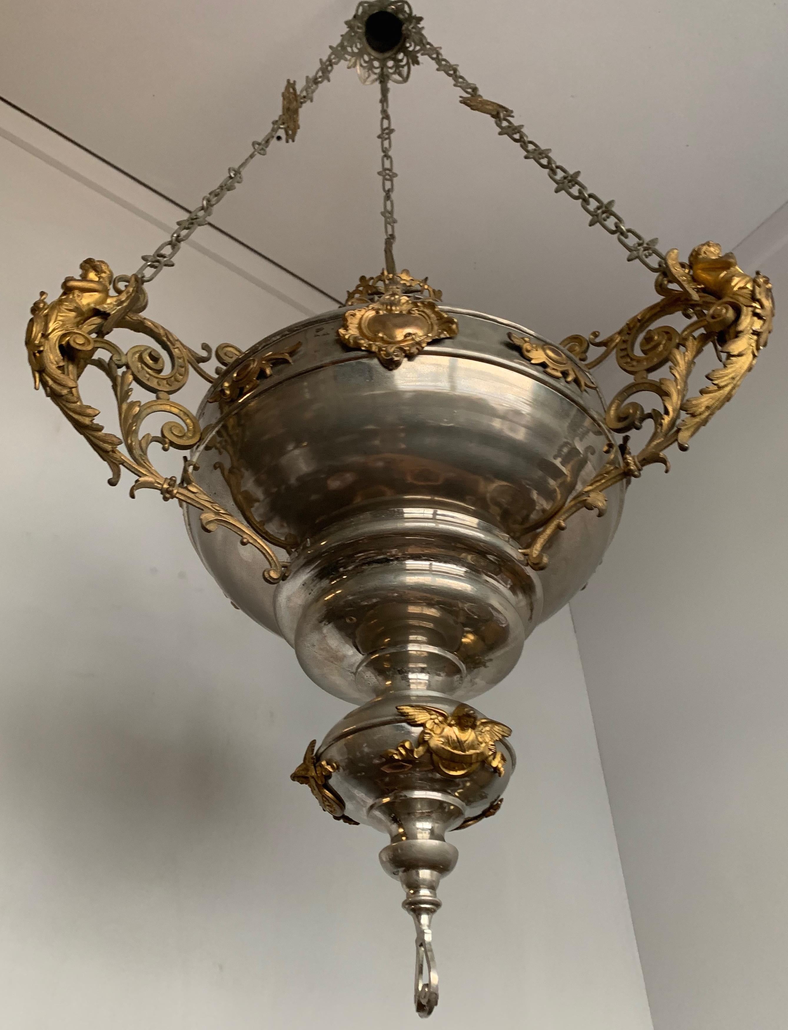 Large Silvered & Gilt Bronze Gothic Revival Sanctuary Lamp with Angels in Prayer For Sale 13