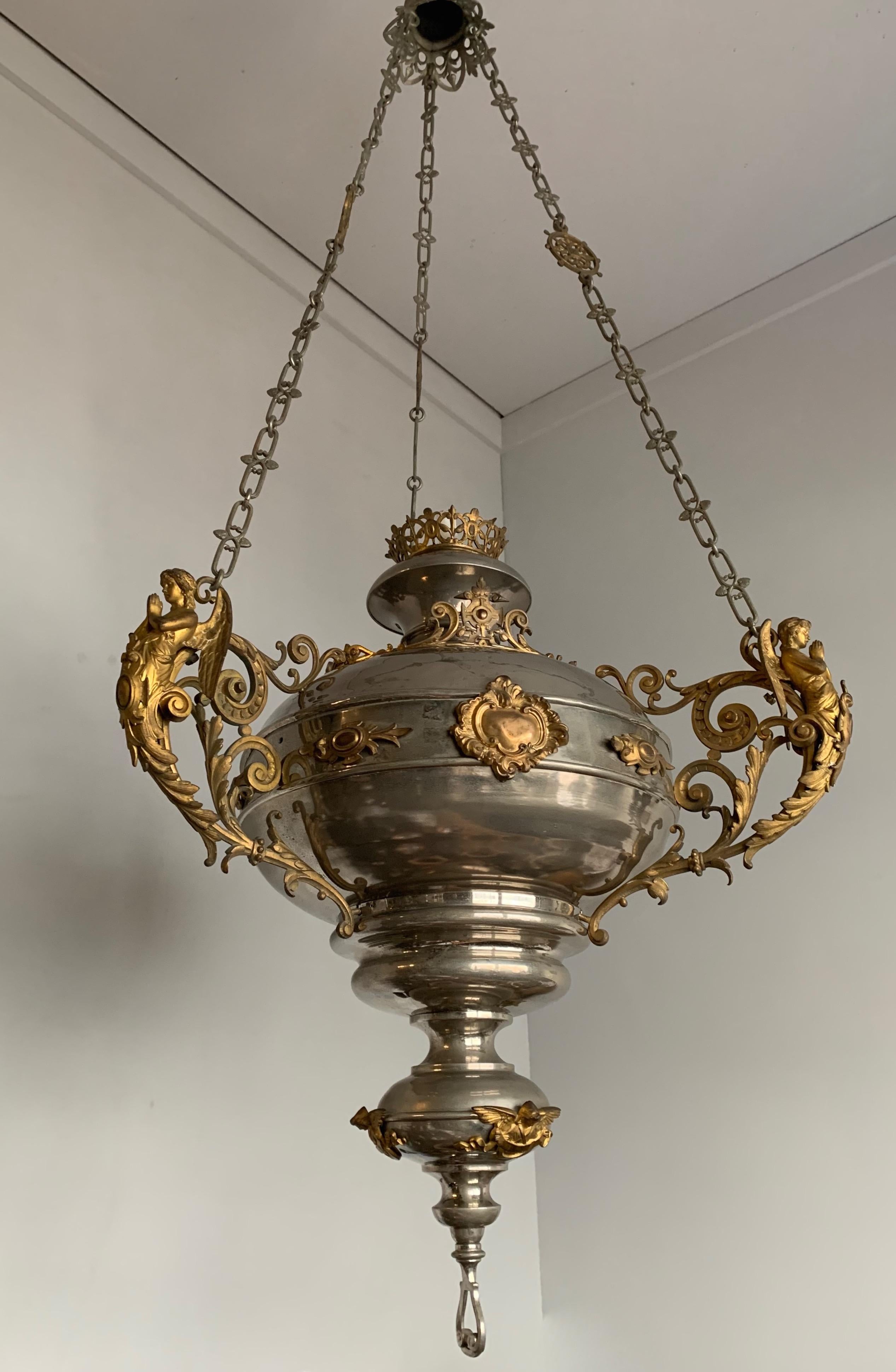 19th Century Large Silvered & Gilt Bronze Gothic Revival Sanctuary Lamp with Angels in Prayer For Sale