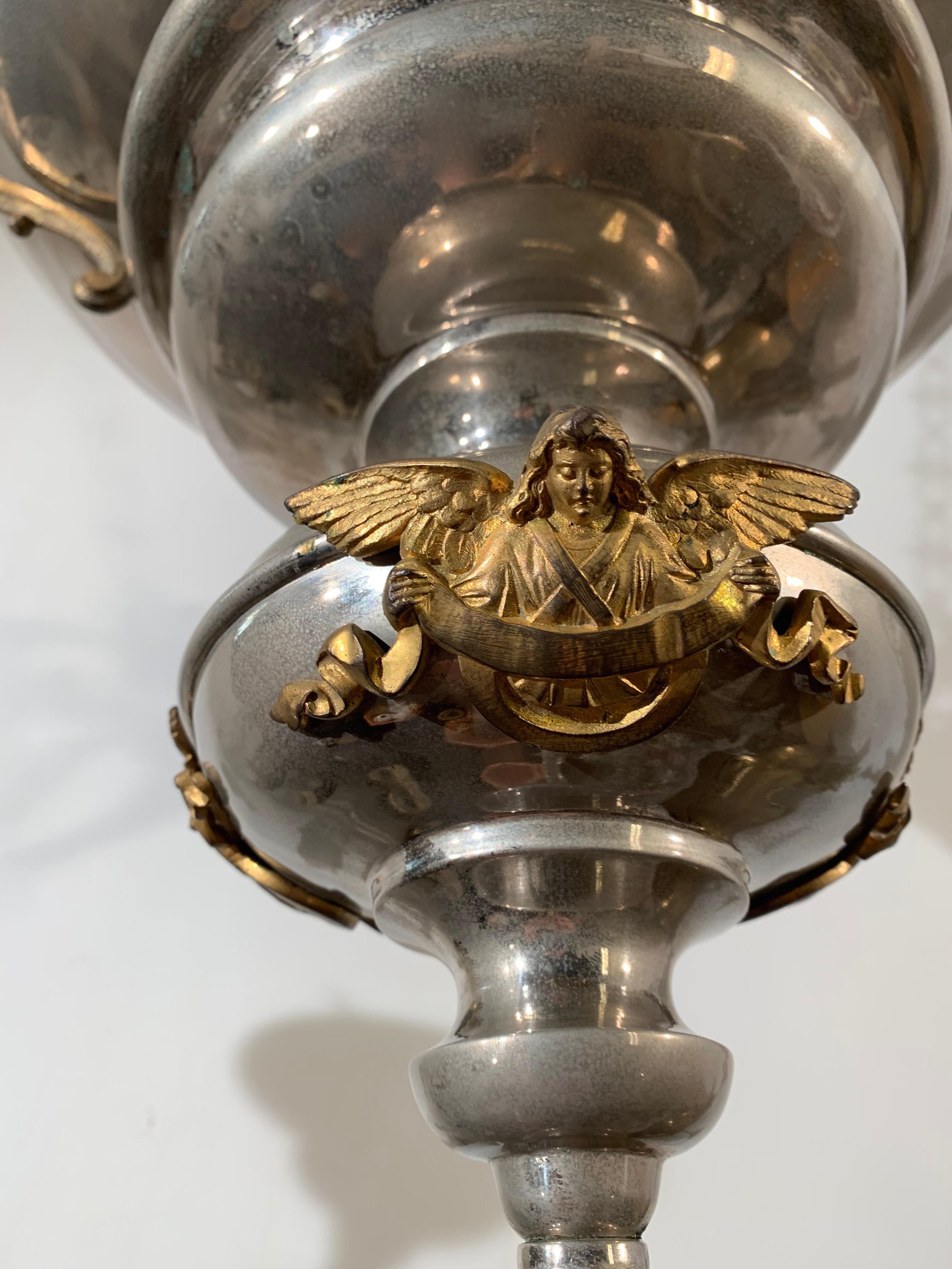 Brass Large Silvered & Gilt Bronze Gothic Revival Sanctuary Lamp with Angels in Prayer For Sale