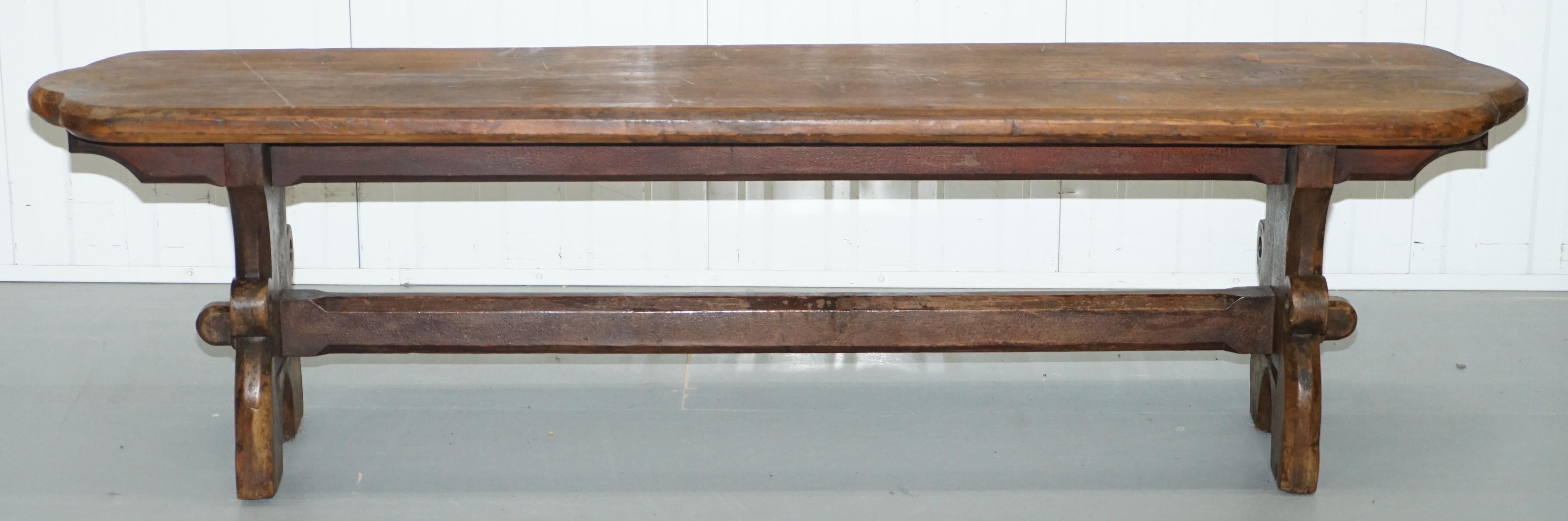 We are delighted to offer for sale this stunning original Pitch pine 19th century Victorian dining table bench 

A very well made heavy bench, it was being used with an early Victoria farmhouse country dining table, this sat on one side and the