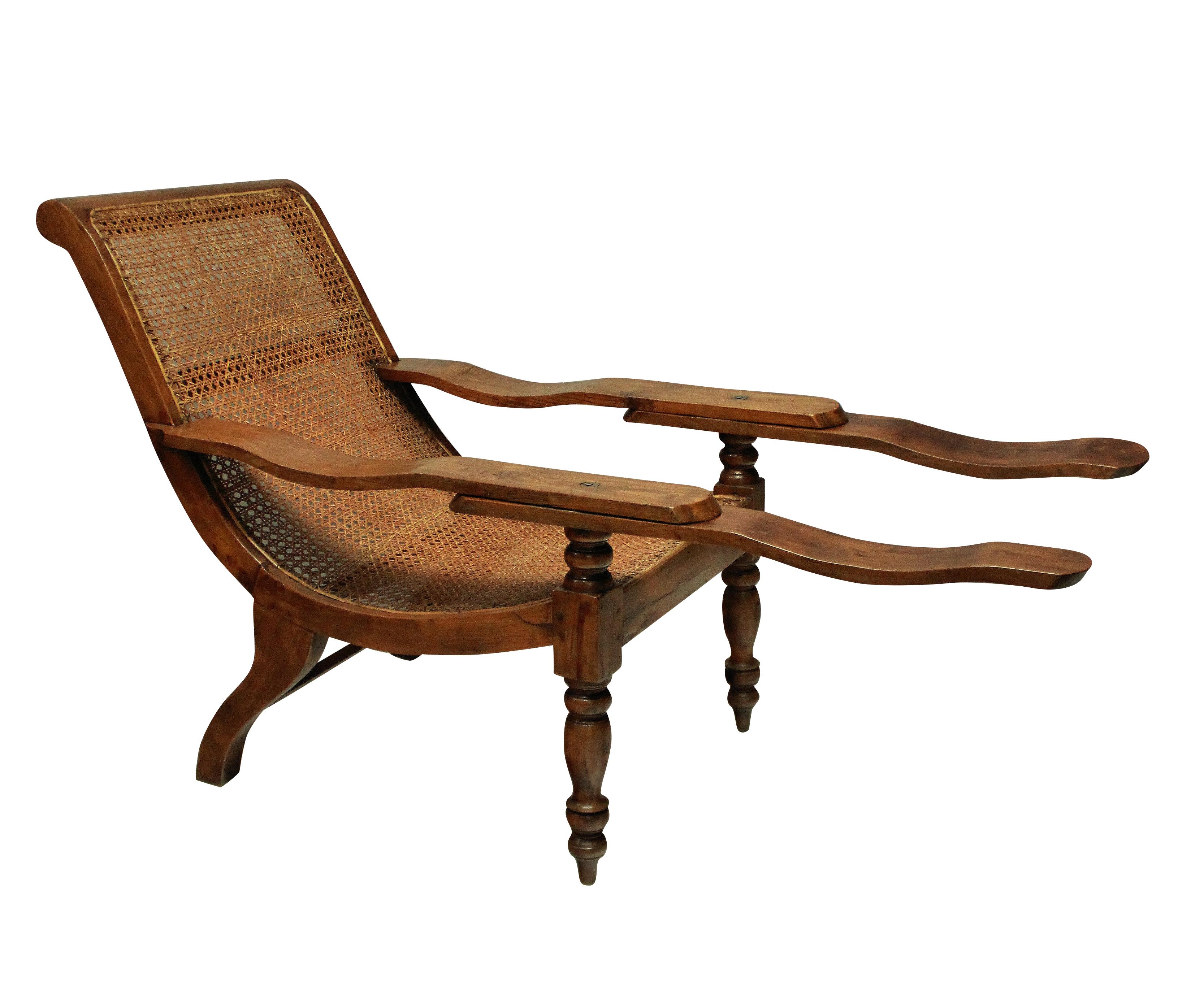 A large colonial, solid teak plantation chair, beautifully restored and with its original cane work intact. With swing-out leg rests.

Measures: 97cm high (back) x 47cm high (seat) x 72cm wide x 115cm deep x 166cm deep (open).