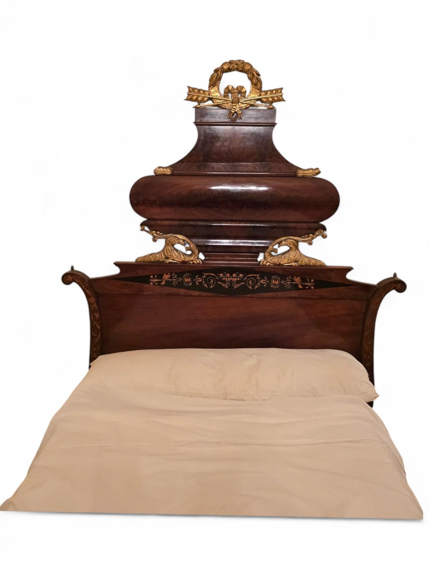 Large 19th-Century Spanish Bed in Exotic Wood with Marquetry and Gilded Details For Sale 5