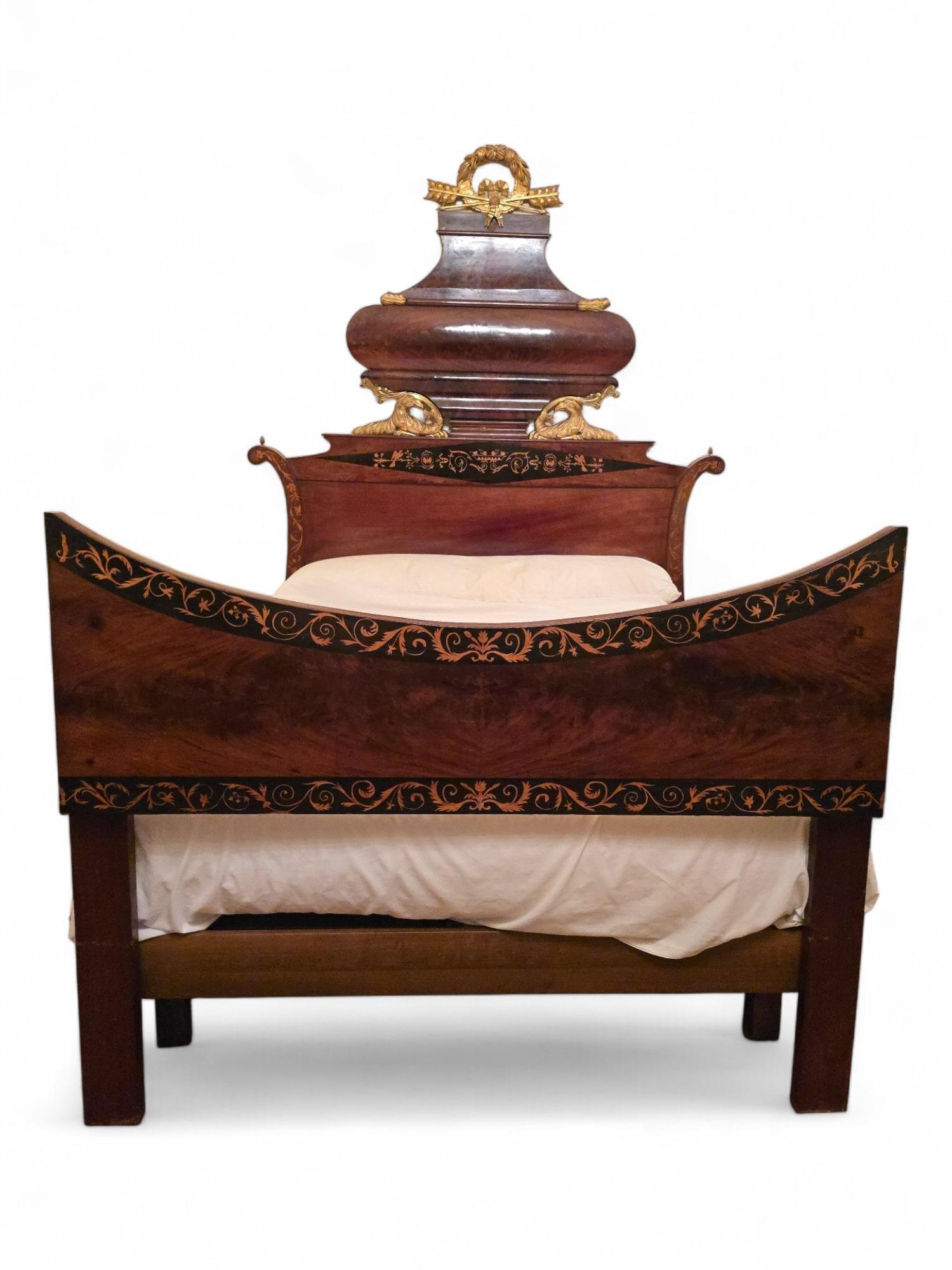 Large 19th-Century Spanish Bed in Exotic Wood with Marquetry and Gilded Details For Sale 8