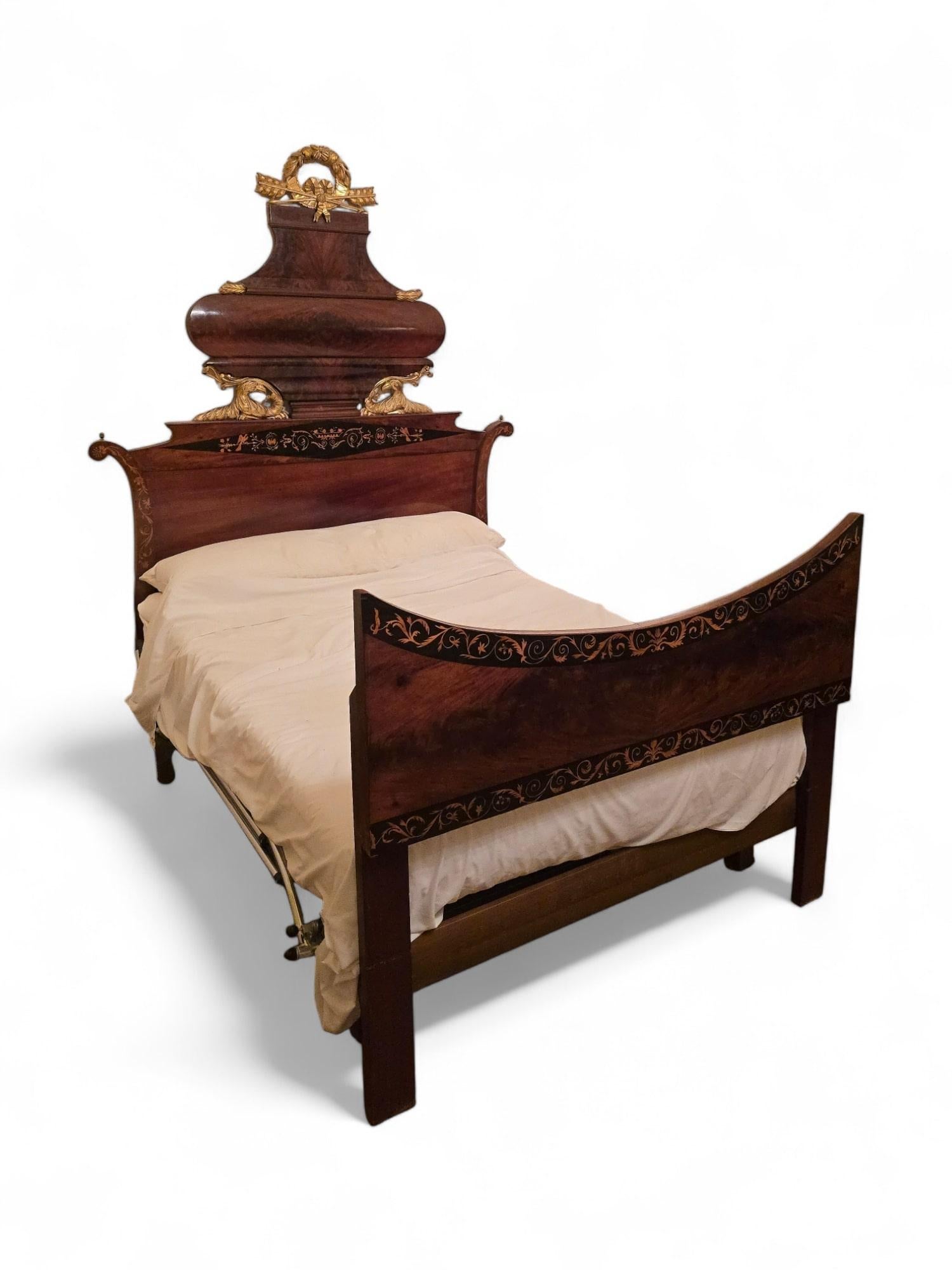 Fruitwood Large 19th-Century Spanish Bed in Exotic Wood with Marquetry and Gilded Details For Sale