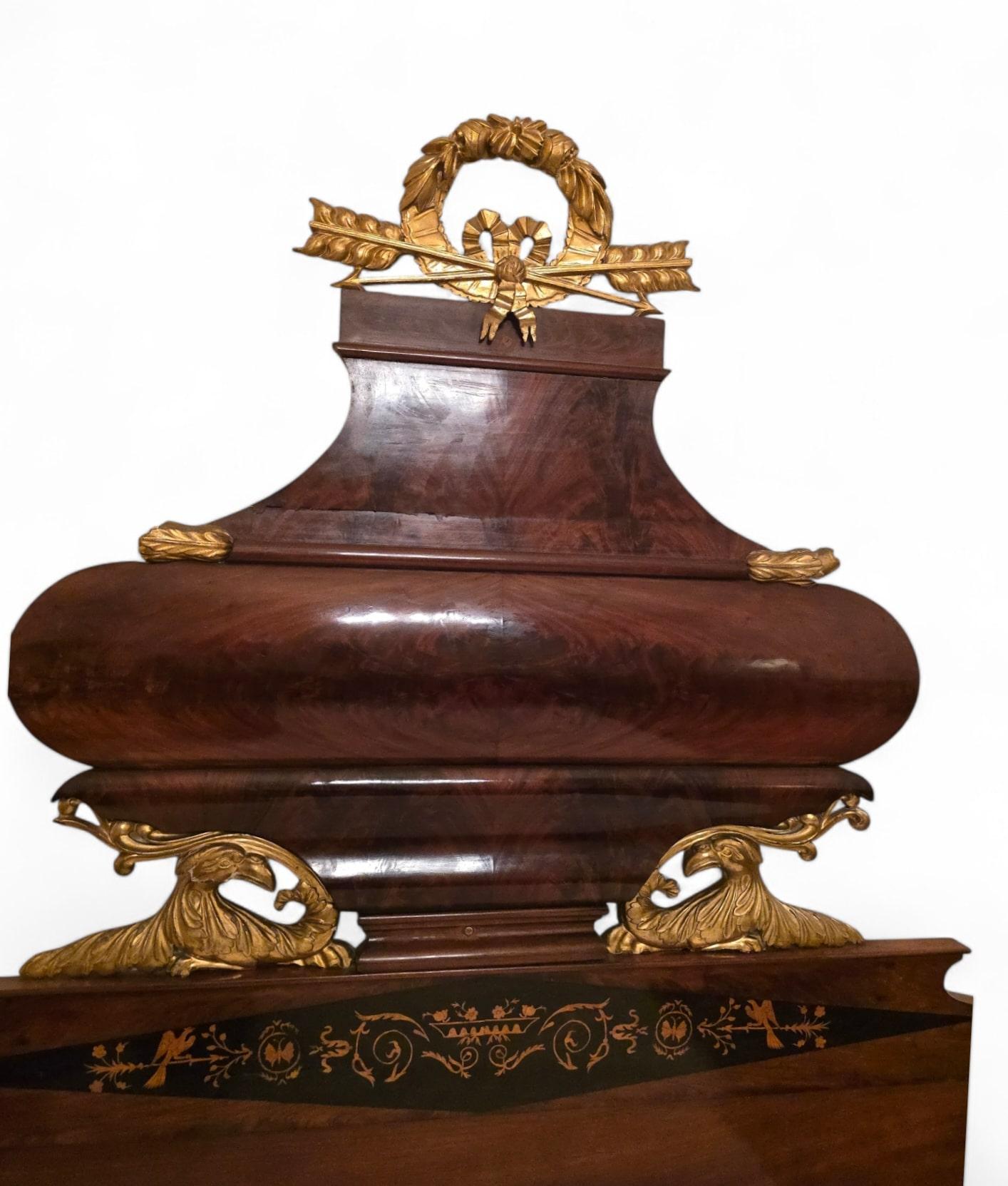 Large 19th-Century Spanish Bed in Exotic Wood with Marquetry and Gilded Details For Sale 3