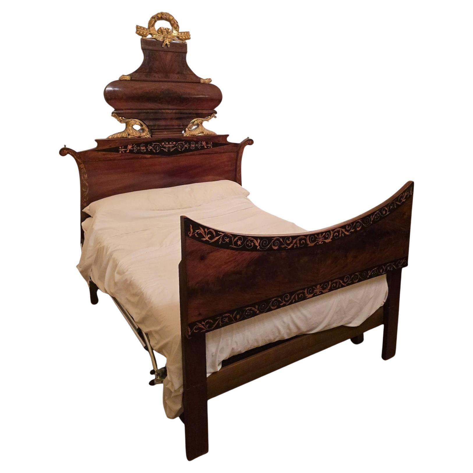 Large 19th-Century Spanish Bed in Exotic Wood with Marquetry and Gilded Details For Sale