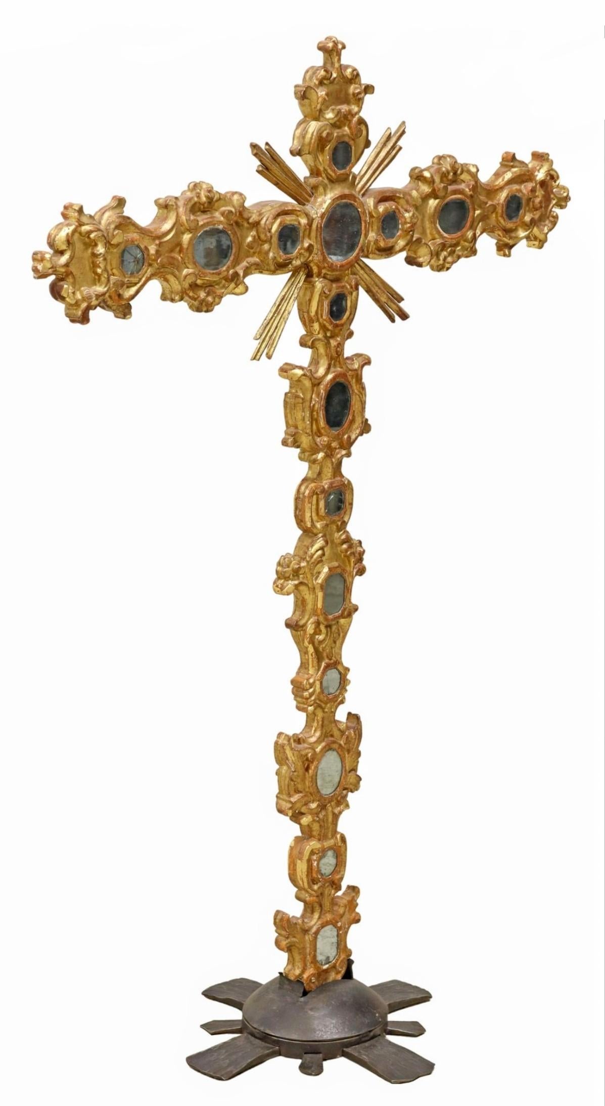 Hand-Carved Large 19th Century Spanish Giltwood Religious Church Processional Altar Cross