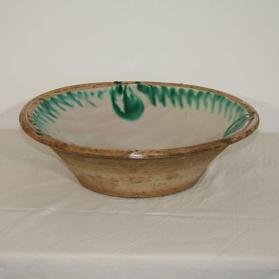 Rustic Large 19th Century, Spanish Glazed Earthenware Dairy Bowl or Tian