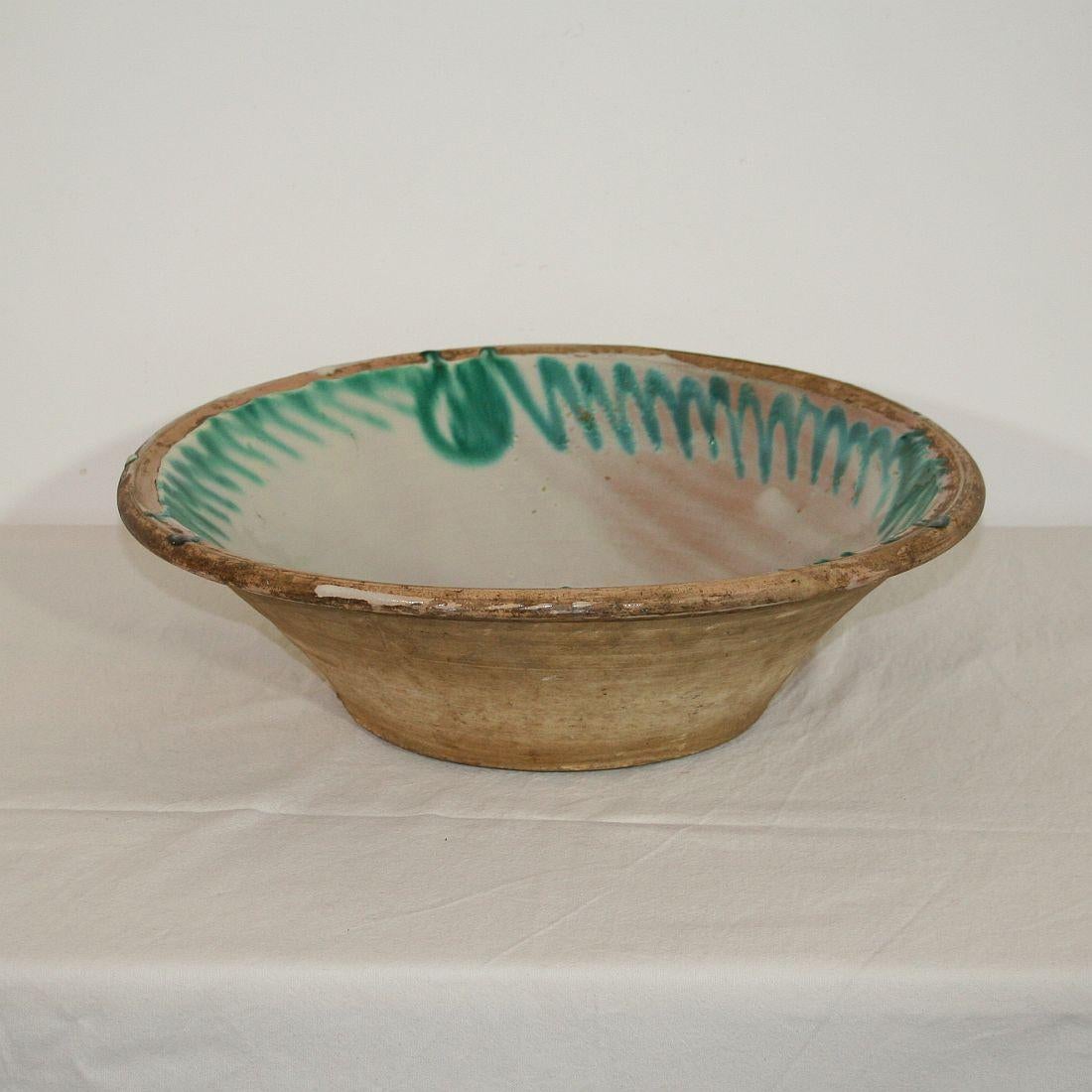 Hand-Crafted Large 19th Century, Spanish Glazed Earthenware Dairy Bowl or Tian