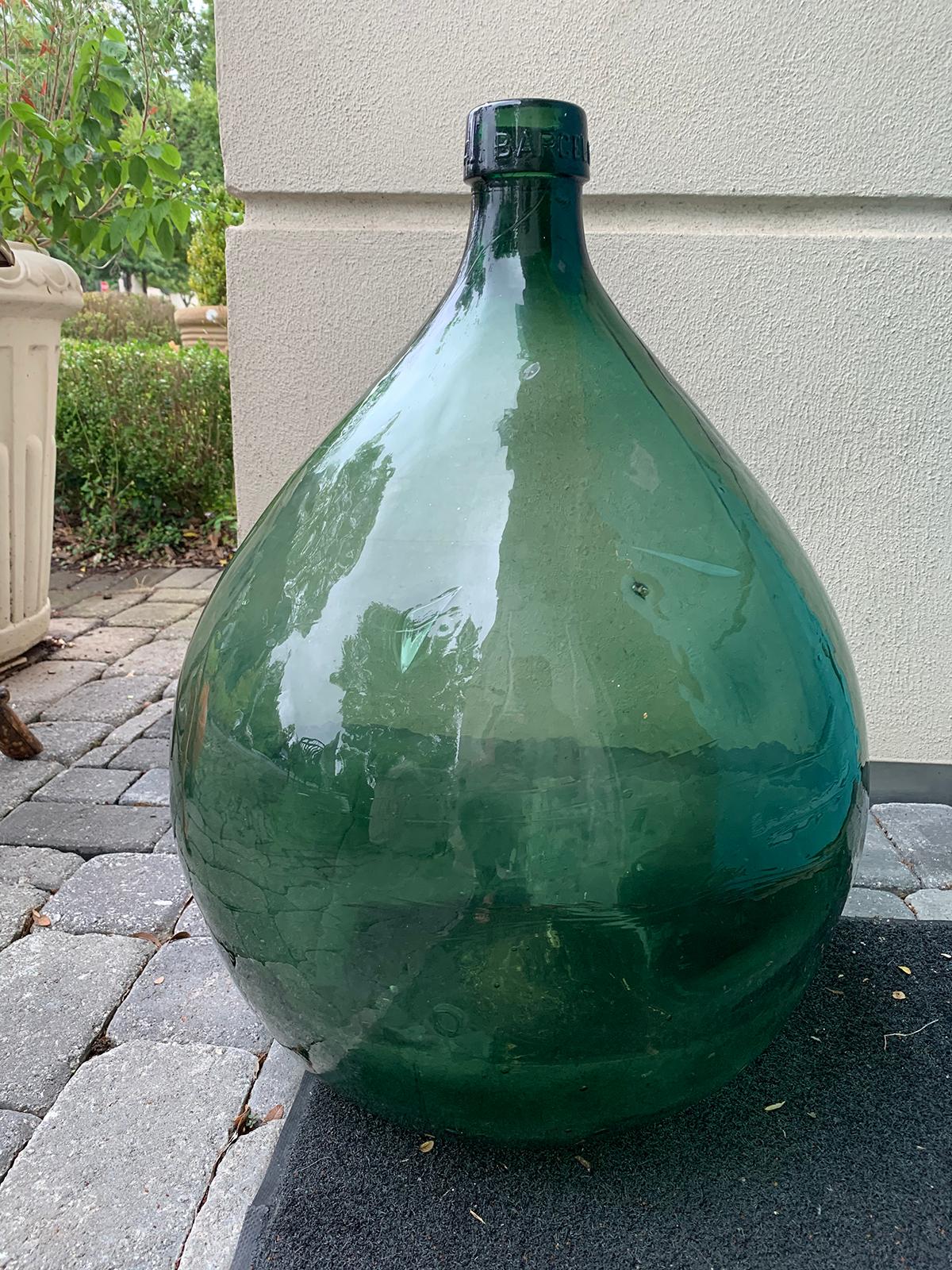 Large scale 19th century Spanish hand blown green glass jar, marked VBSA Barcelona.