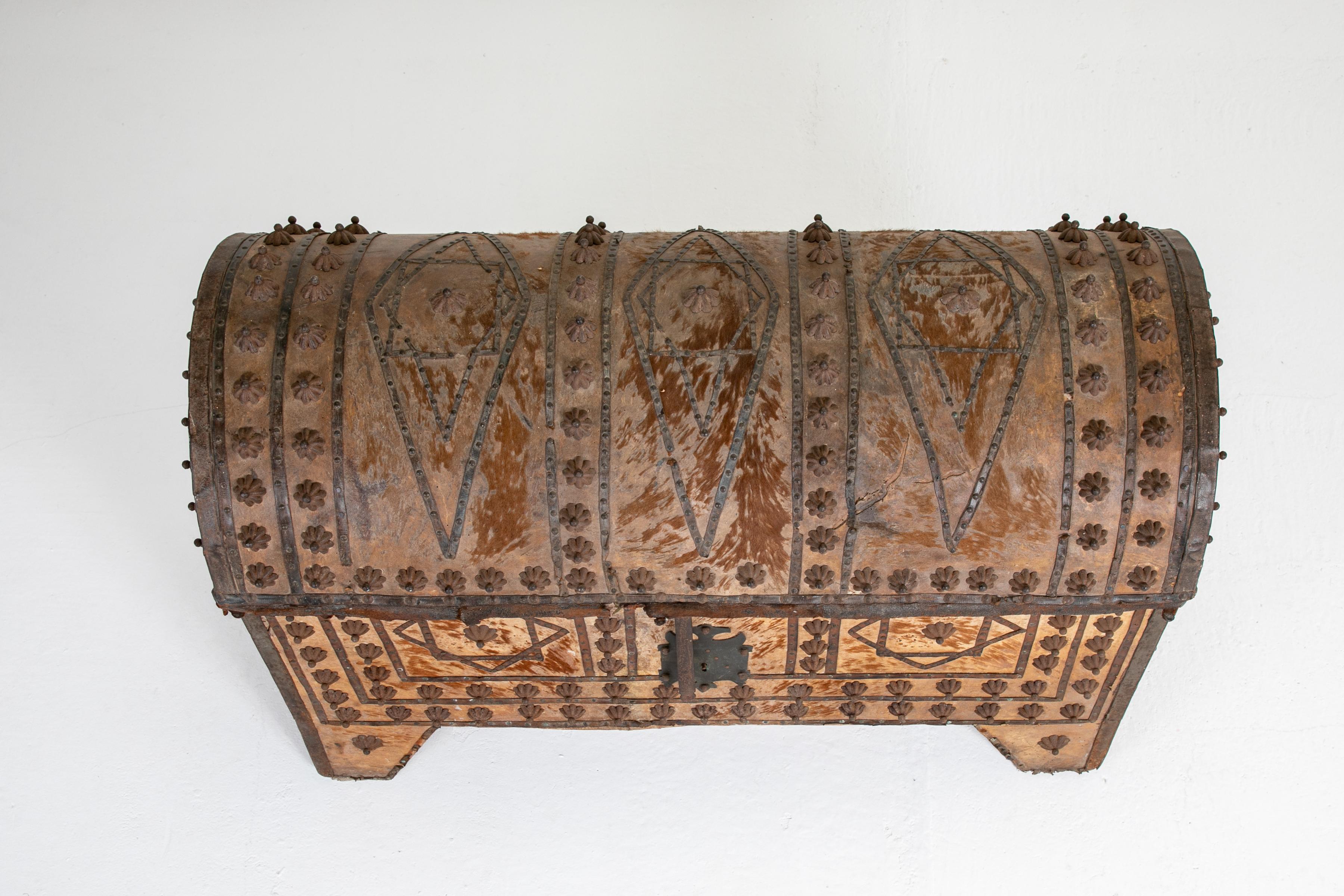 A large rectangular shaped, 19th Century Spanish leather trunk with a domed top. Having its original studded decoration that is worked to create the patterns. The nail heads are raised and shaped as flowers adding interest and a nice contrast.