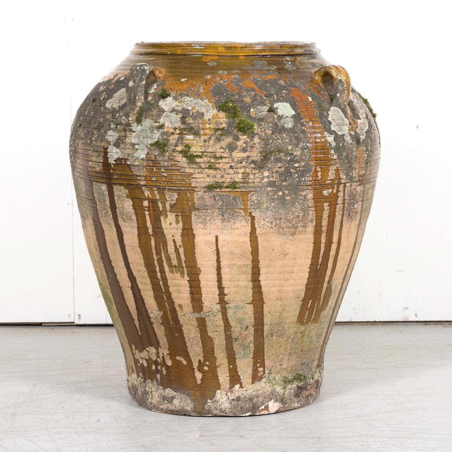 Large 19th Century Spanish Semi Glazed Terracotta Olive Jar with Handles In Good Condition In Birmingham, AL